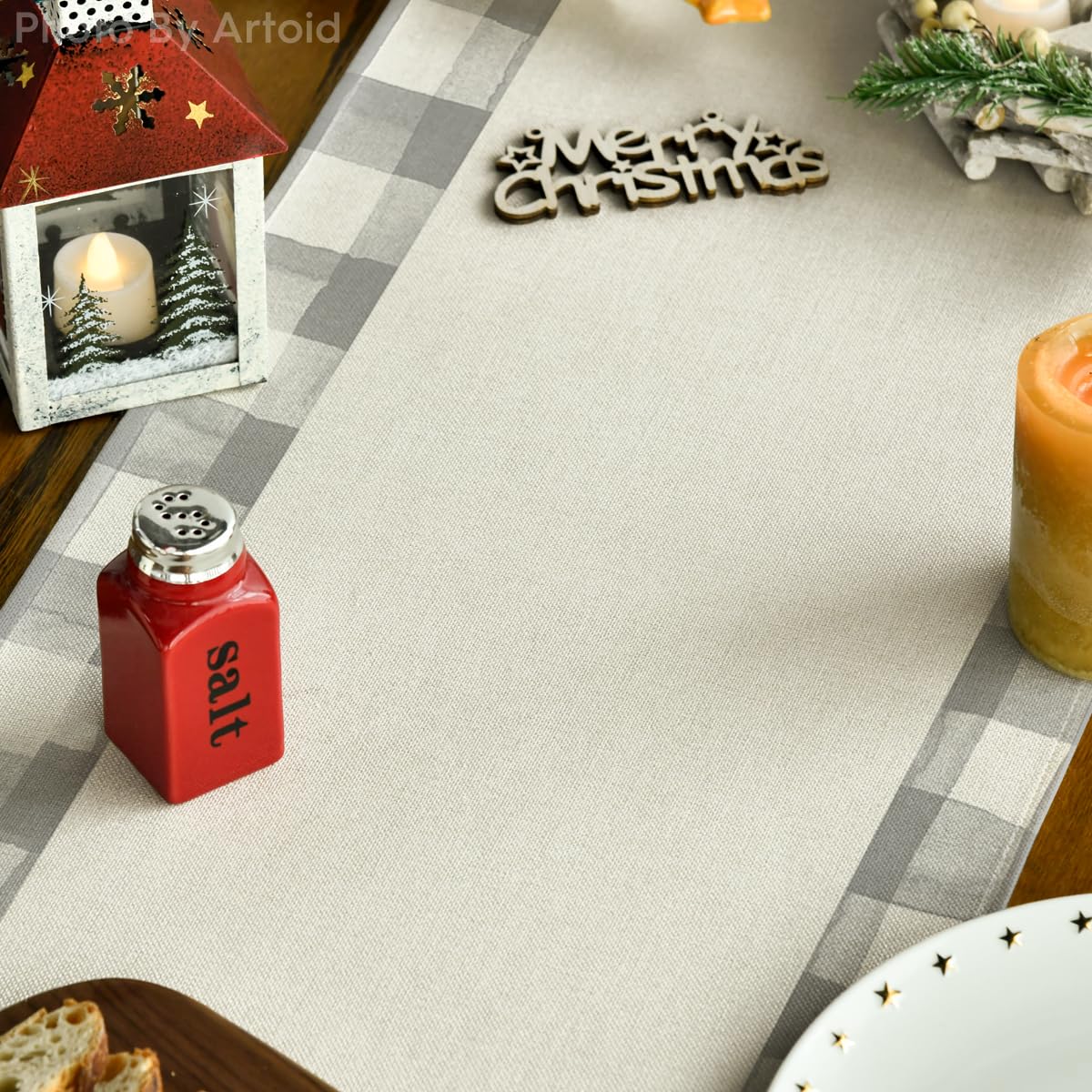 Artoid Mode Waterclor Grey Buffalo Plaid Christmas Trees Merry Xmas Table Runner, Seasonal Winter Holiday Kitchen Dining Table D