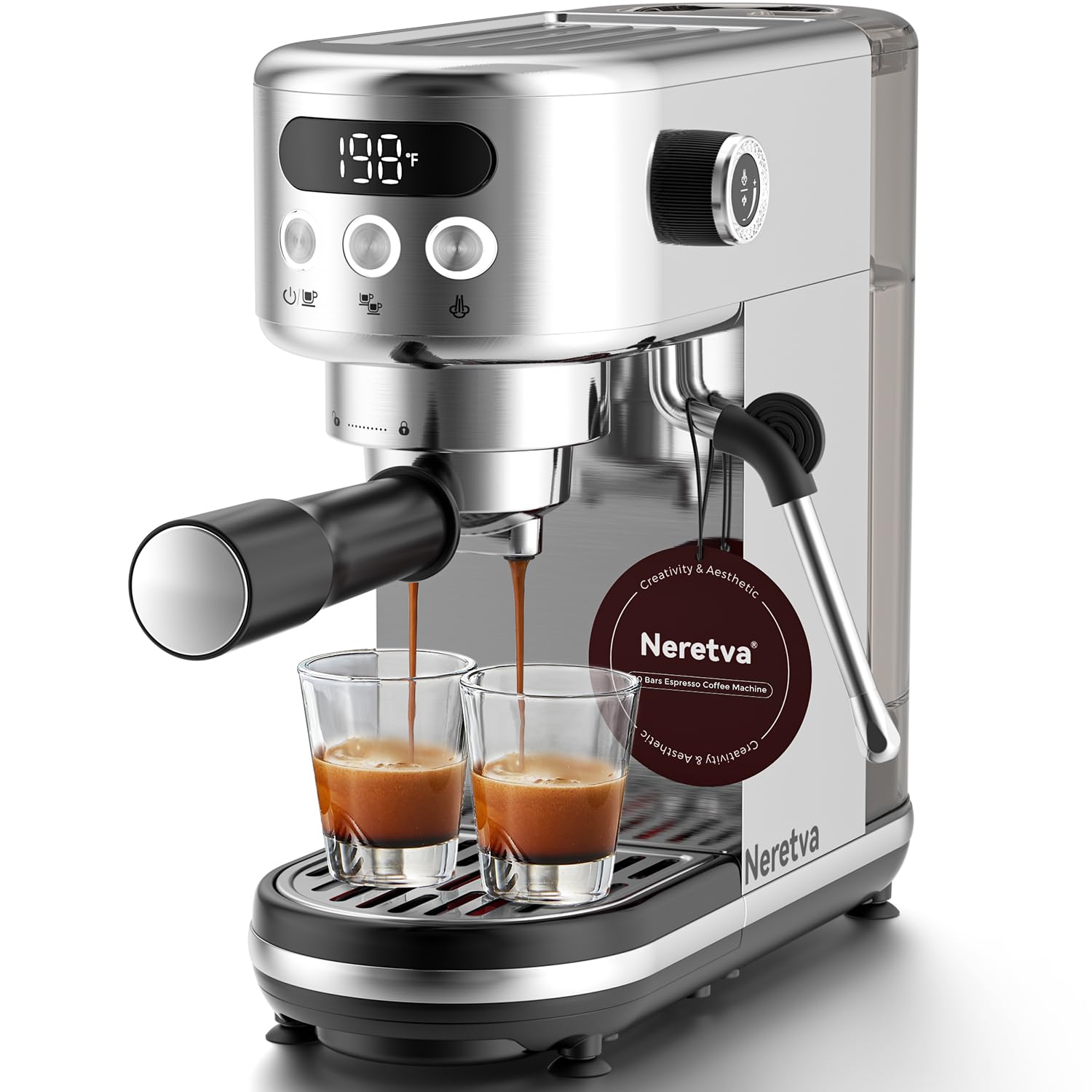 Neretva 20 Bar Espresso Machine, Super Compact Espresso Maker With Led Display & Milk Frother For Home Barista Stainless Steel P