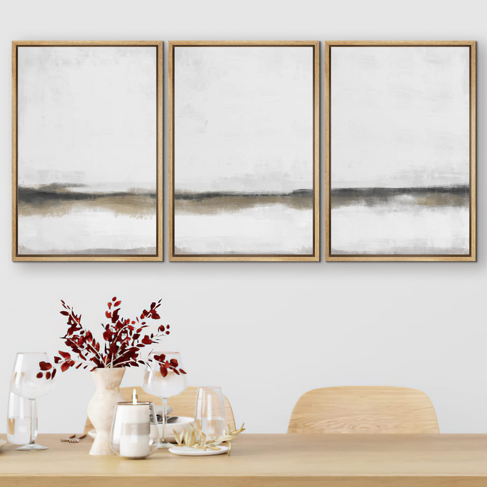 Signford Framed Canvas Print Wall Art Set Gray Tan Paint Stroke Landscape Abstract Shapes Illustration Modern Art Decorative Nor