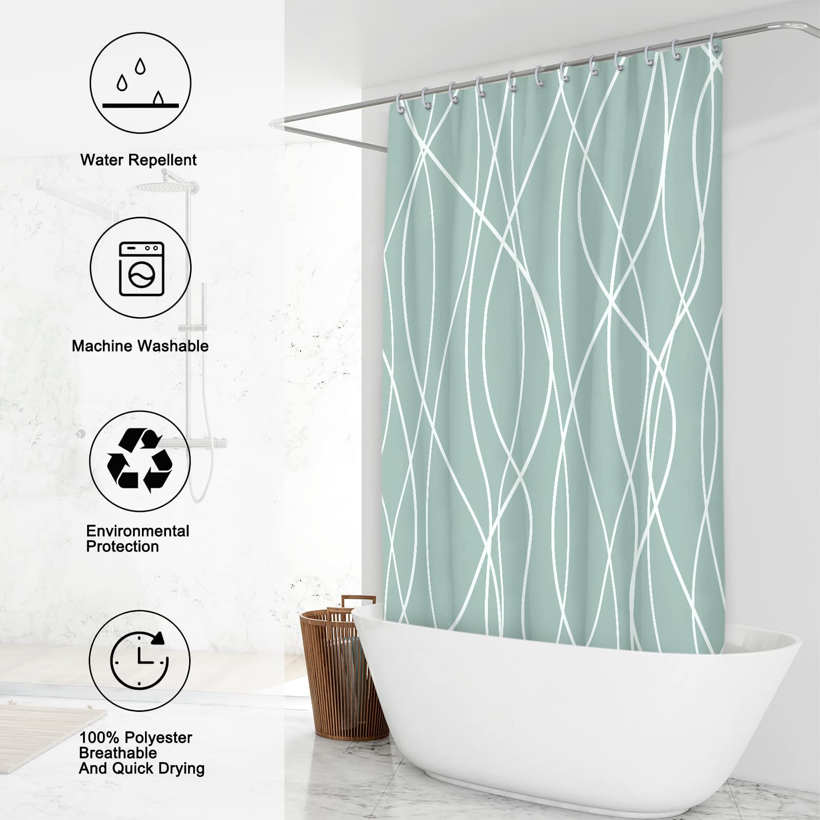 Punkray Light Green Shower Curtain for Bathroom with Hooks Shower Curtain Set White Stripe Bath Curtains Decorative Shower Curtains Water Repellent Washable  72x72