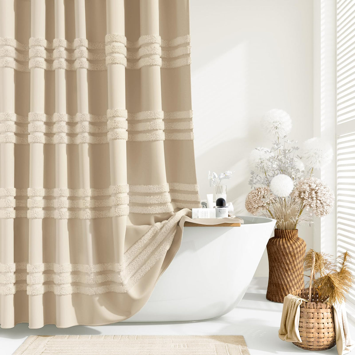 Dynamene Long Fabric Shower Curtain - 72X78 Inch Textured Tufted Chenille Striped Tall Cloth Shower Curtains For Bathroom Decor,