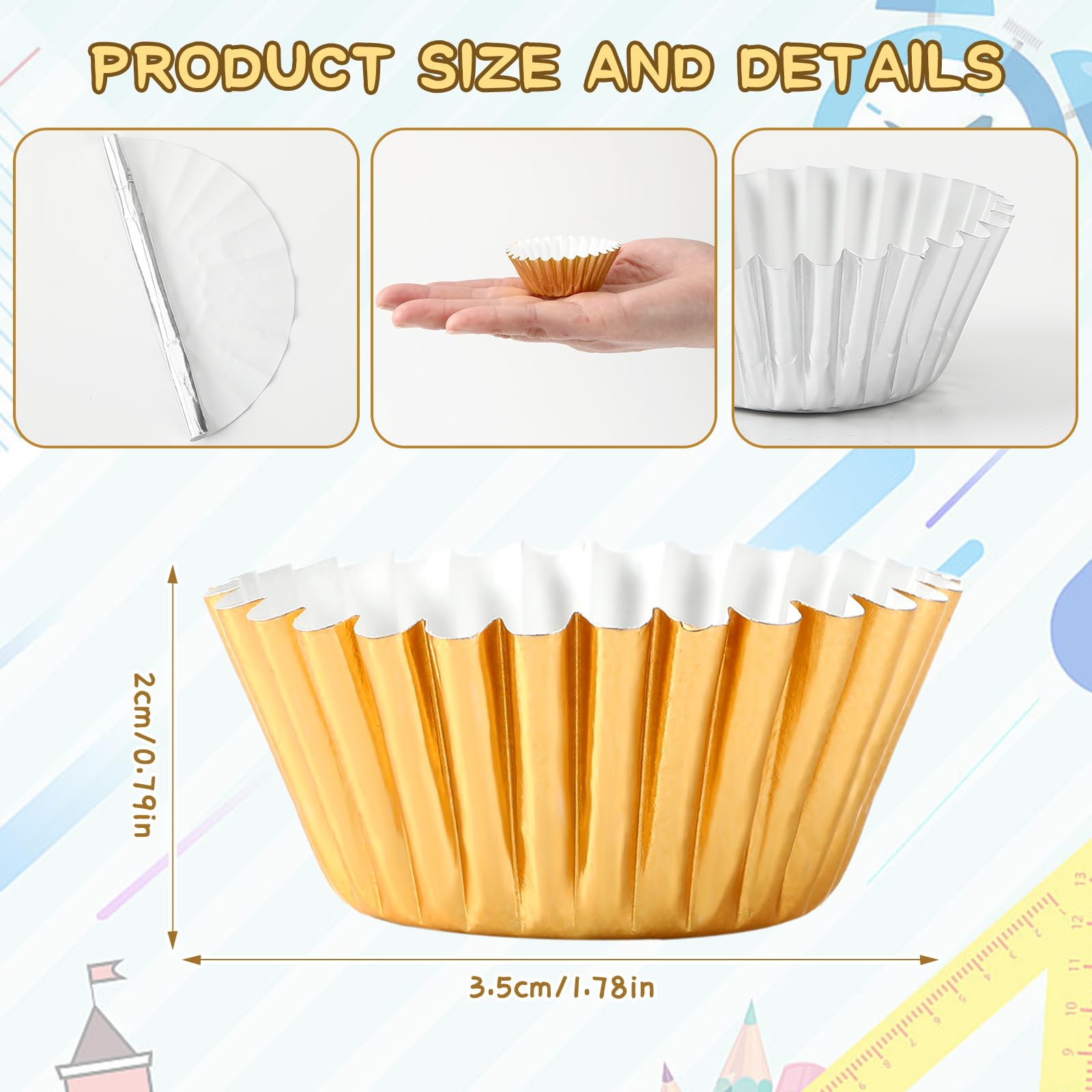 AUGSUN 400pcs Graduation Mini Foil Cupcake Liners Golden Silver Black Cupcake Baking Cups Metallic Mini Muffin Cupcake Wrappers