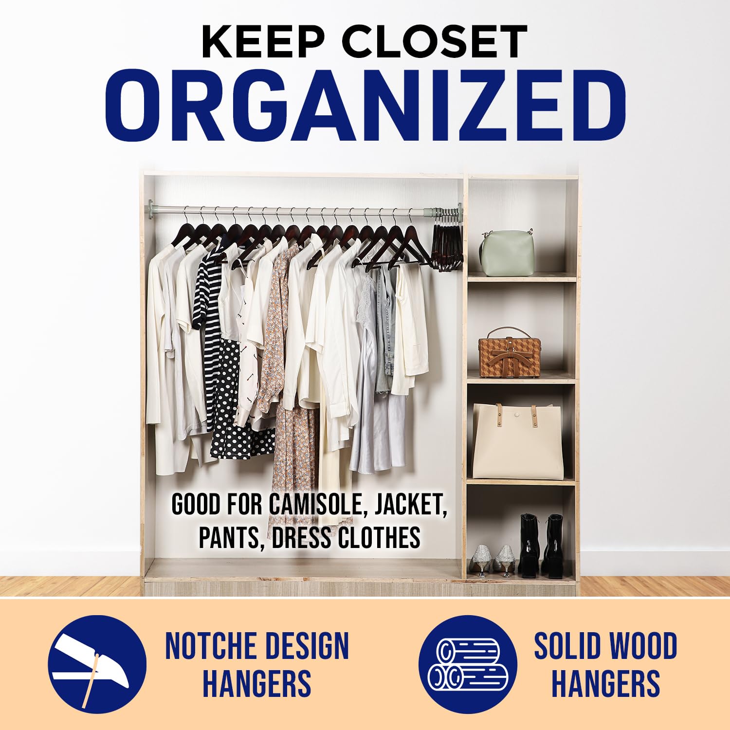 Lifemaster Wooden Hanger Set - 80 Pieces Non-Slip Versatile Closet Space-Saving Hanger Set For Suit, Coat, Camisole, Jacket, Pan