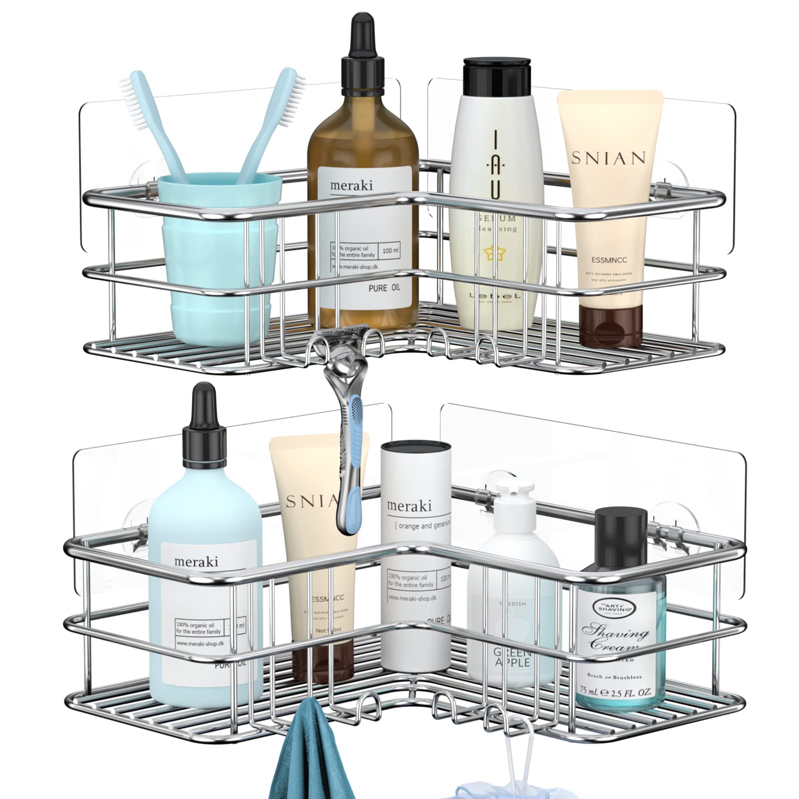 Menbyci Corner Shower Caddy  Adhesive Shower Shelf with Hooks  Stainless Steel Rustproof Bathroom Storage Organizer  No Drilling Shower Shampoo Holder Wall Mounted  2-Pack