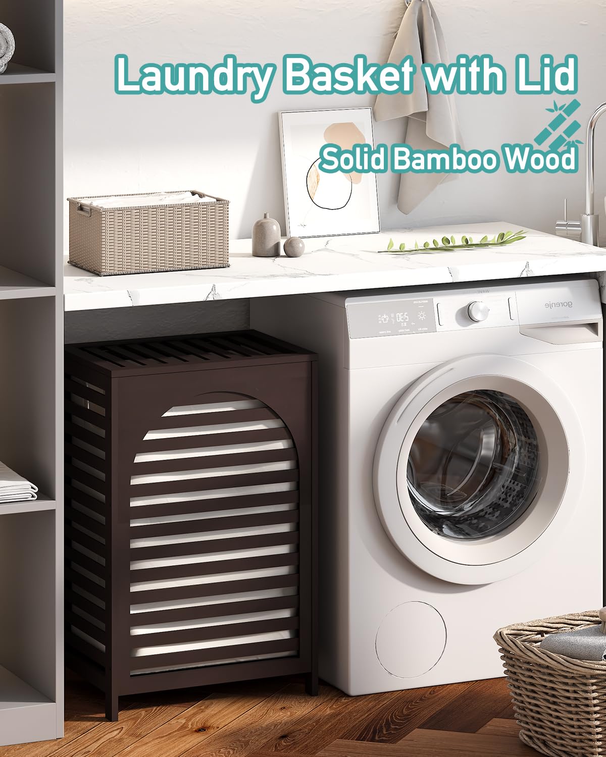 Laundry Hamper With Lid, 22.5 Gallon (85L) Bamboo Wood Clothes Laundry Basket With Lid And Handles, Removable Liner (Brown)