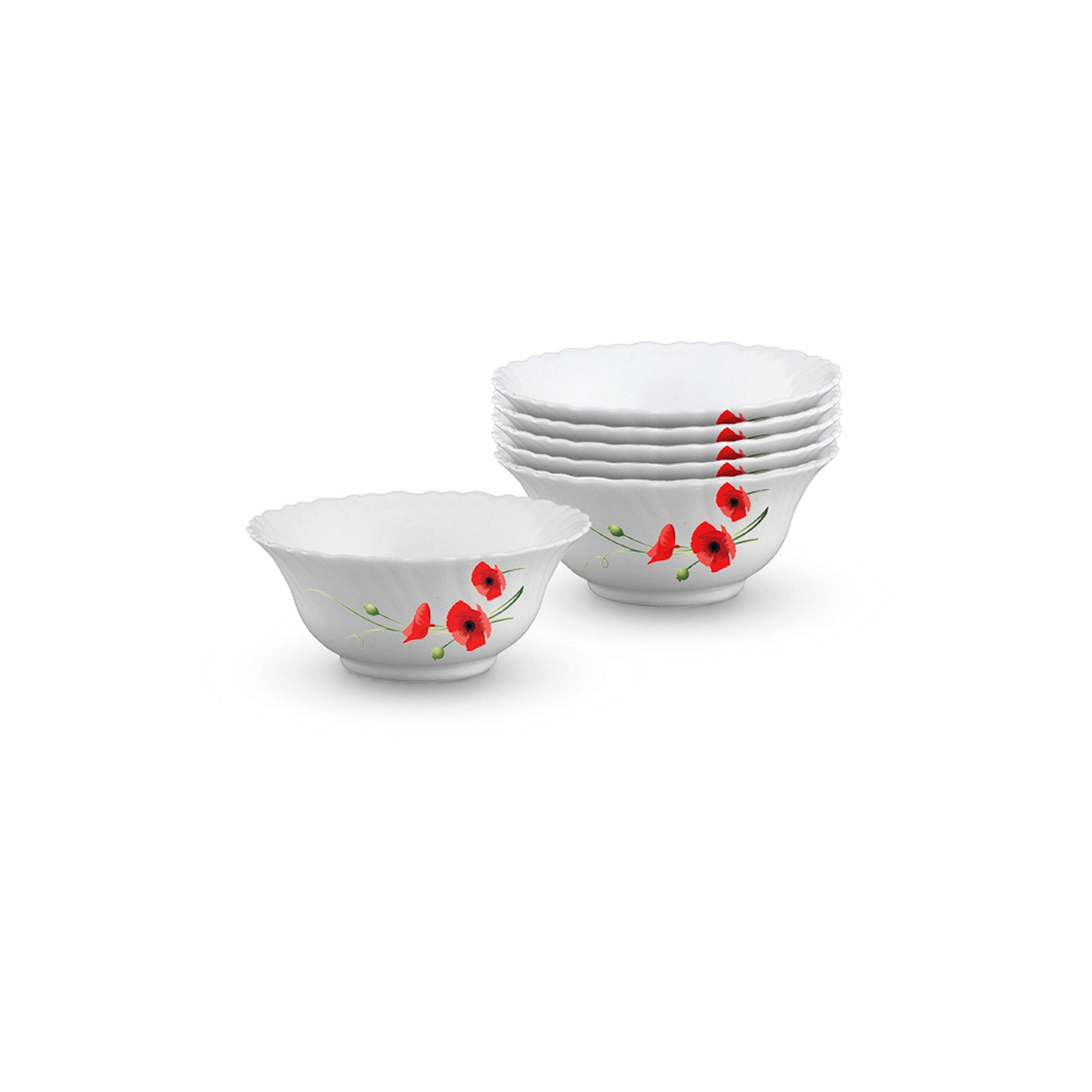 Larah By Borosil Opalware Veg Bowl - Set Of 6 - R.Carnation - 4.5 Inch, White, 210 Ml