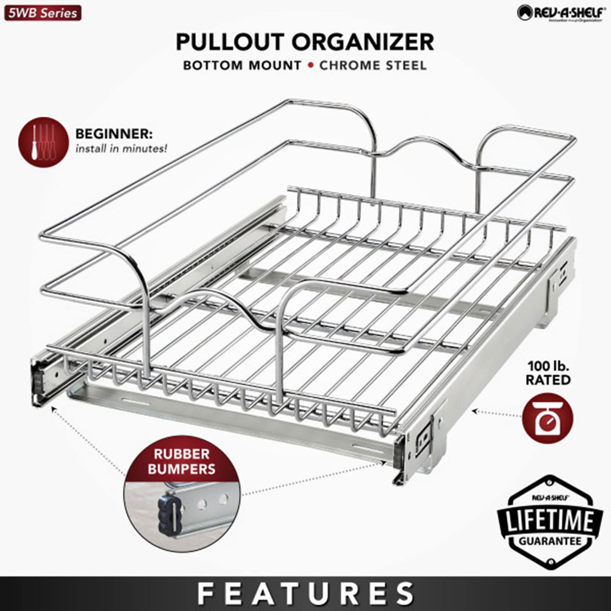 Rev-A-Shelf Kitchen Cabinet Wire Pullout Shelf And Drawer Organizer Pantry Storage With Basket And Mounting Hardware, 15 X 22 In