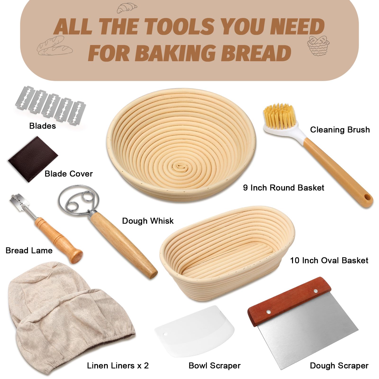 Sourdough Proofing Basket Gift Set, 9 Round And 10 Oval Banneton Bread Baking Supplies, Sourdough Baskets With Bread Lame, D
