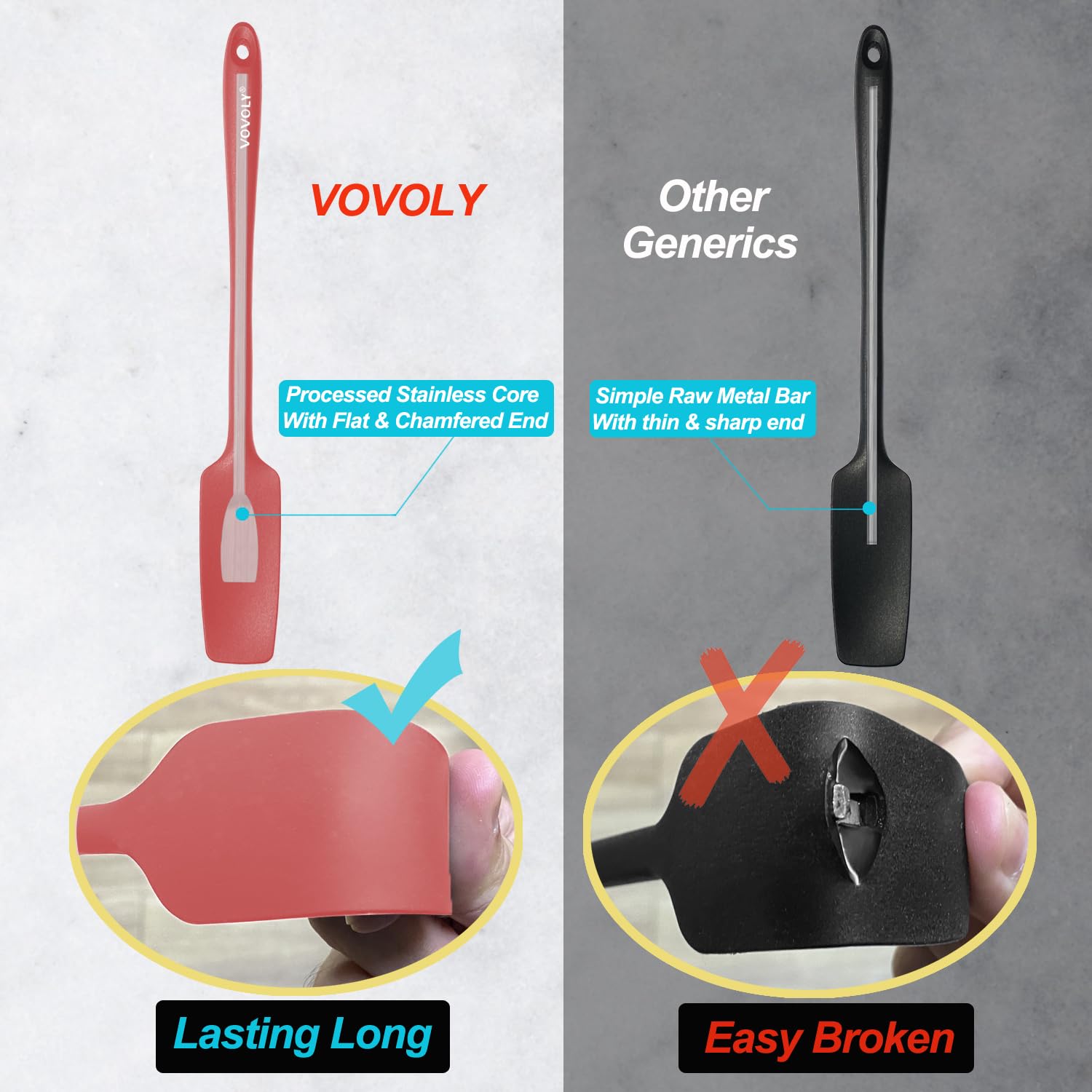 2-Pack Vovoly Silicone Jar Spatula, Long Handle Jar Spatulas, High Heat Resistant Small Rubber Spatula, Seamless Design, Stainle