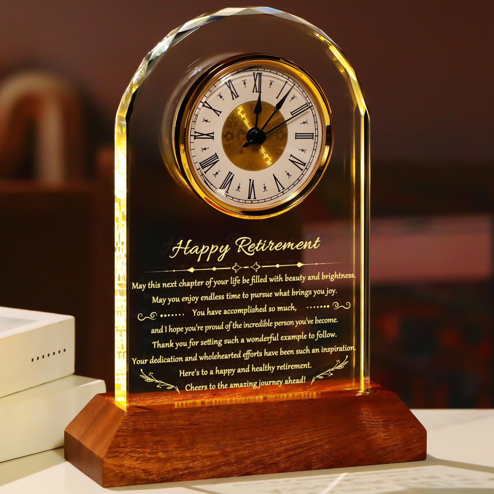 YWHL Retirement Clock Gifts for Women Men with Wooden Light Base, Happy Retirement Glass Plaque for Coworkers Boss, Going Away R