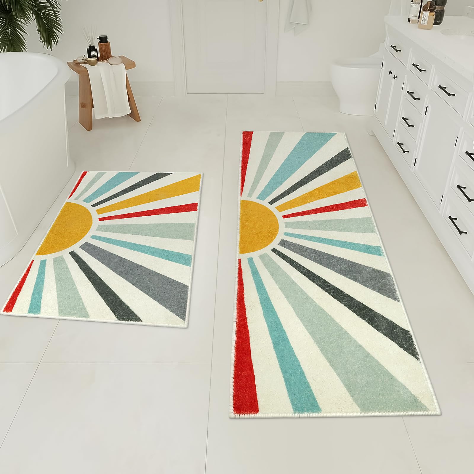 Uphome Boho Bath Mat Set Modern Colorful Sun Bathroom Rug Sets 2 Piece Non-Slip Soft Cute Long Bathroom Rugs Machine Washable Bl