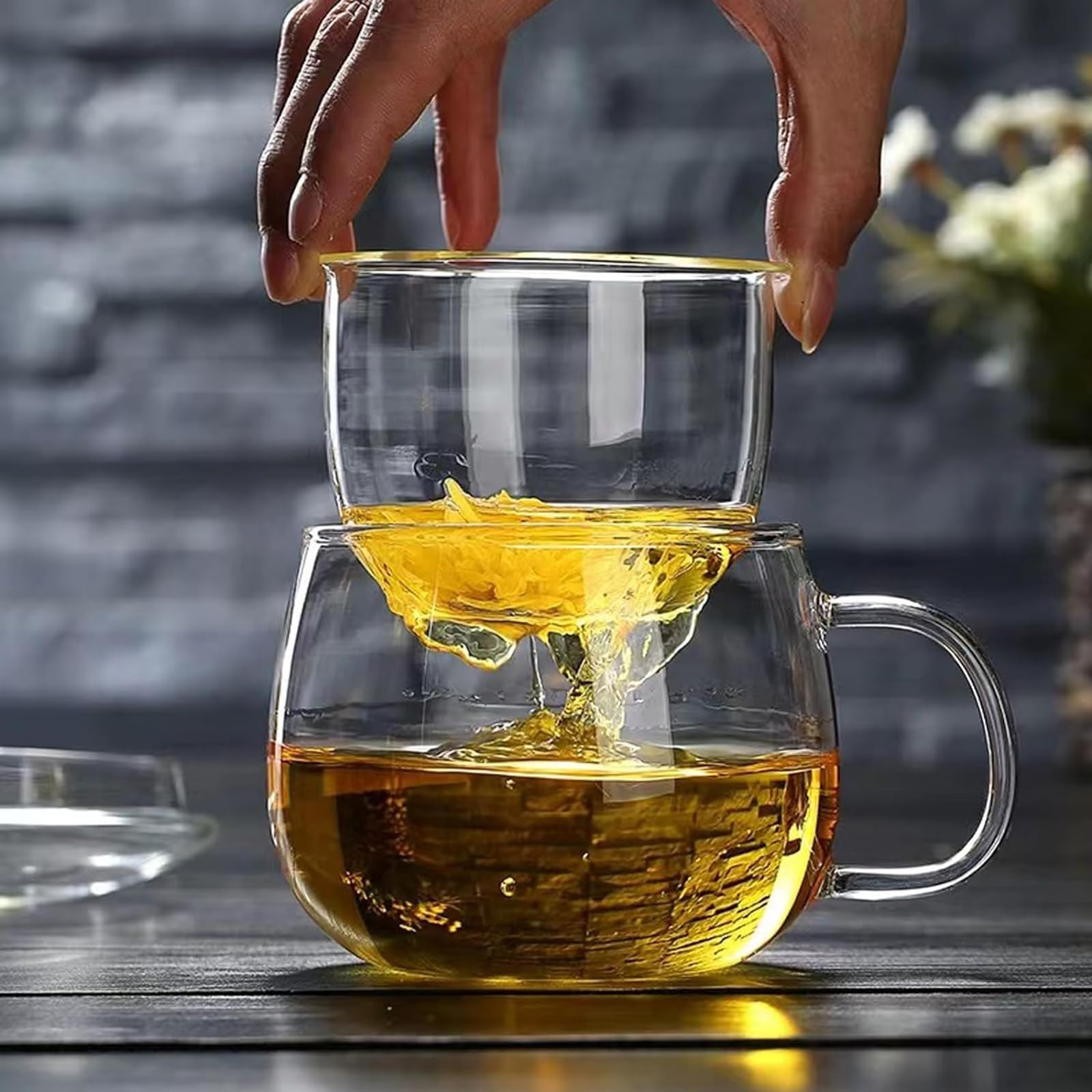 Aurfedes 14Oz Tea Cup With Steeper And Lid, Heat-Resistant Borosilicate Glass Clear Tea Cup For Loose Leaf Tea, Blooming Tea And