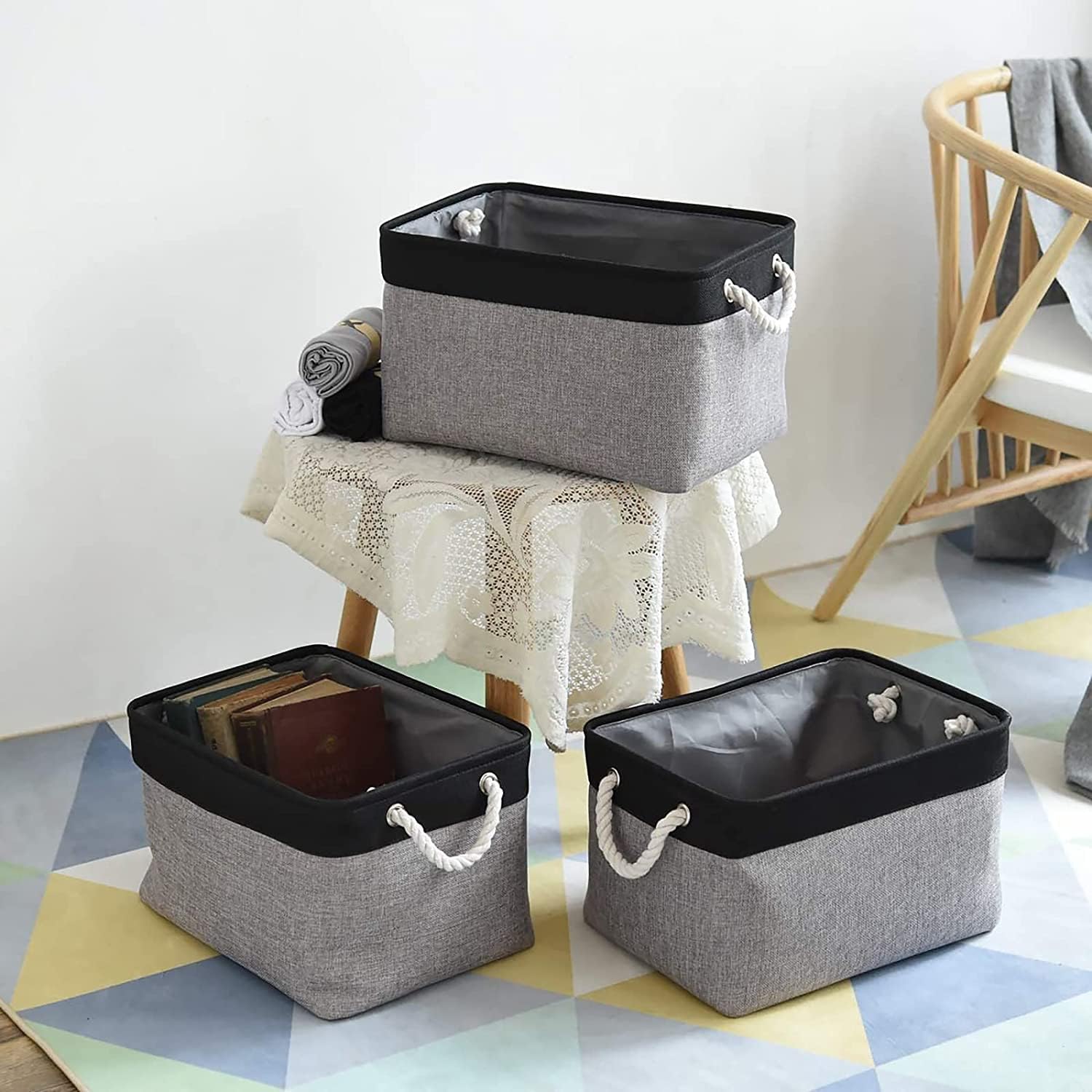 Thewarmhome Collapsible Storage Bin For Shelves - 16X12X8 Inch Large 3 Pack Storage Basket For Organizing With Rope, Fabric Stor