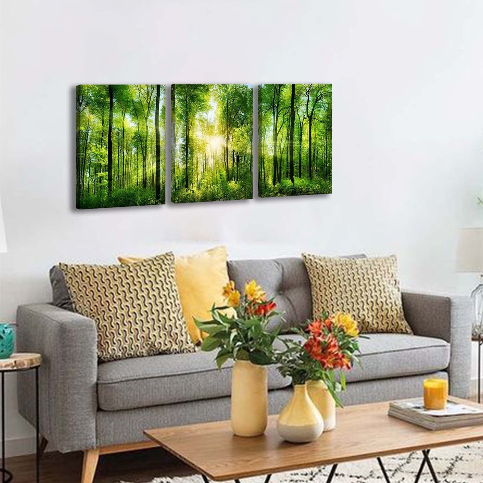 HLJ ART 3 Panels Morning Sunrise Green Trees Landscape Sunshine Over Forest Photograph Printed on Canvas for Home Wall Decoration (Green  12x16inchx3)