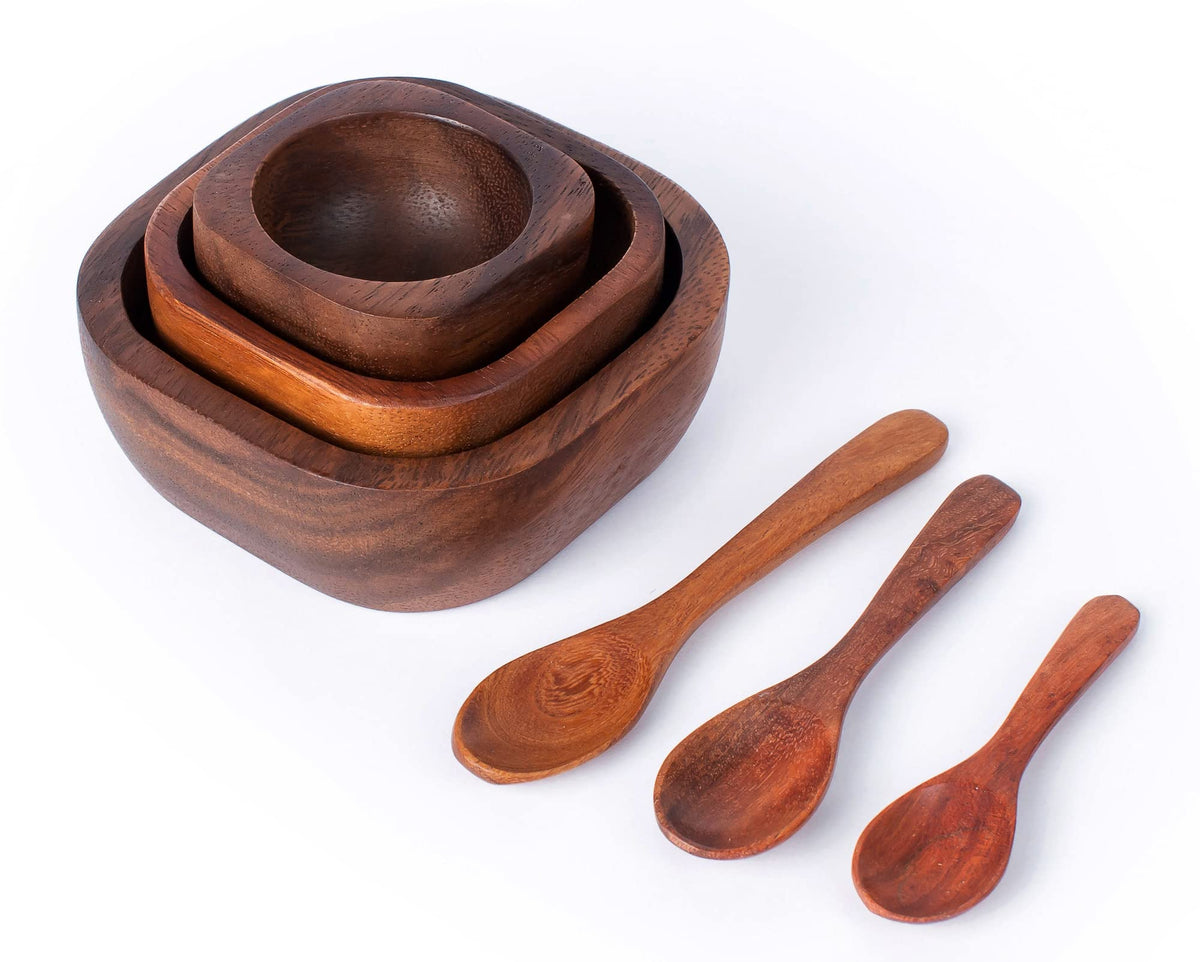 Bestysuperstore Tiny Nesting Square Wood Bowls Mix Size 3   , 2   , 2?    Stackable Acacia Wooden Bowl Set With 3 Spoons For Ser