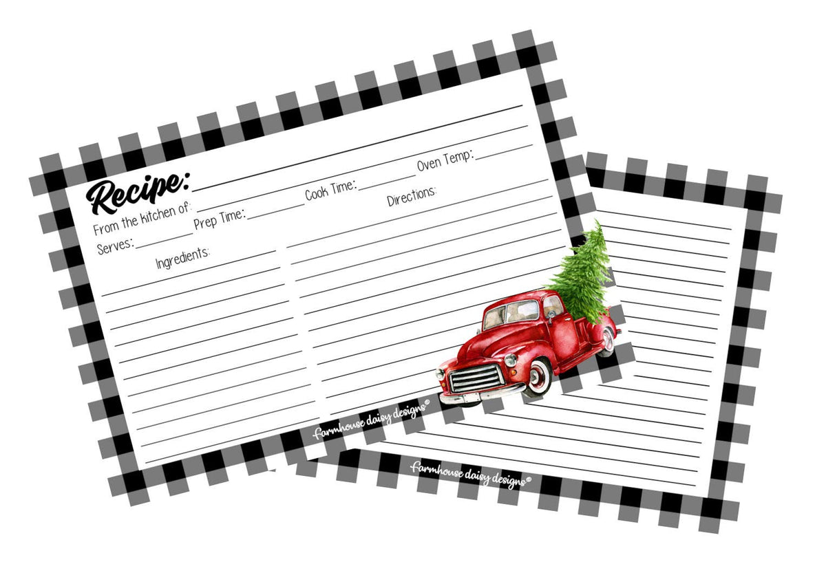 Farmhouse Daisy Designs Buffalo Plaid Decor Old Red Truck Recipe Cards 4X6 Pack Of 50 Double Sided Christmas Holiday Cookie Exch