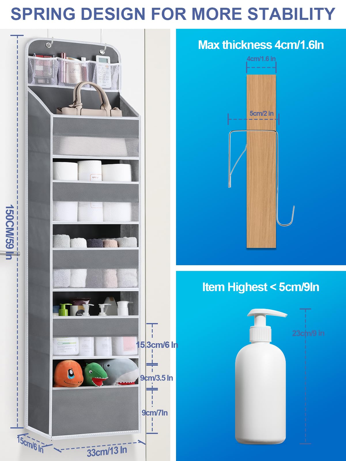 Over The Door Organizer Storage - 6 Shelf Hanging Storage Door Organizer With 8 Large Capacity Pockets, Anti Tilt Behind Door Or