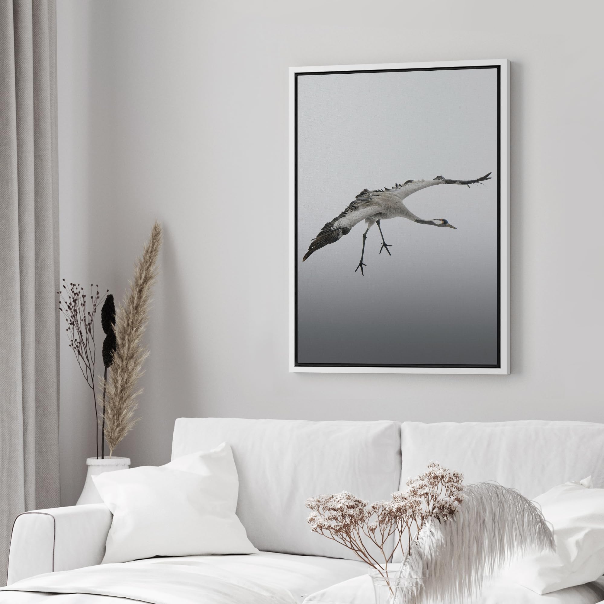 Wall26 Framed Canvas Print Wall Art Graceful Crane In Flight Against A Gray Sky Animals Photography Realism Rustic Scenic Landsc