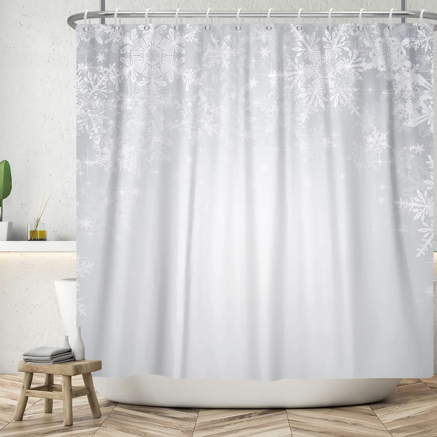 Lfeey 72X78 Inch Winter Holiday Shower Curtain Christmas Theme White Sparkle Snowflakes Bathroom Curtain Polyester Fabric Waterp