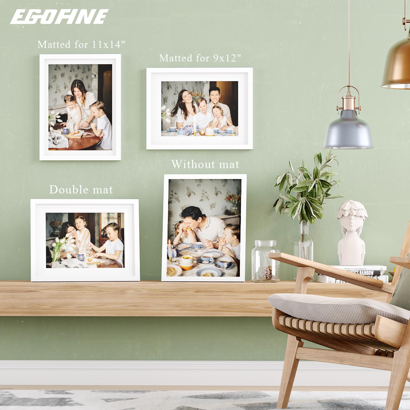 Egofine 12x16 Picture Frame White covered by Plexiglass Made of Solid Wood  Display Pictures 9x12 and 11x14 with Mat or 12x16 Without Mat for Table Top and Wall Mounting