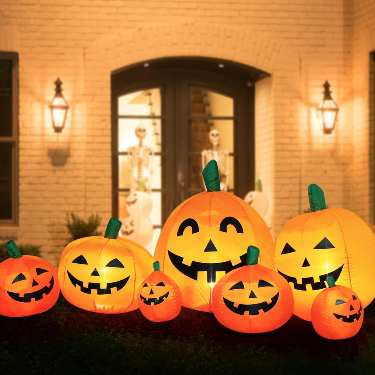 Decfine Halloween Inflatable Pumpkin Outdoor Decoration,JackoLanterns with Build-in LED Lights, Blow Up 7 Pcs Pumpkins Patch for