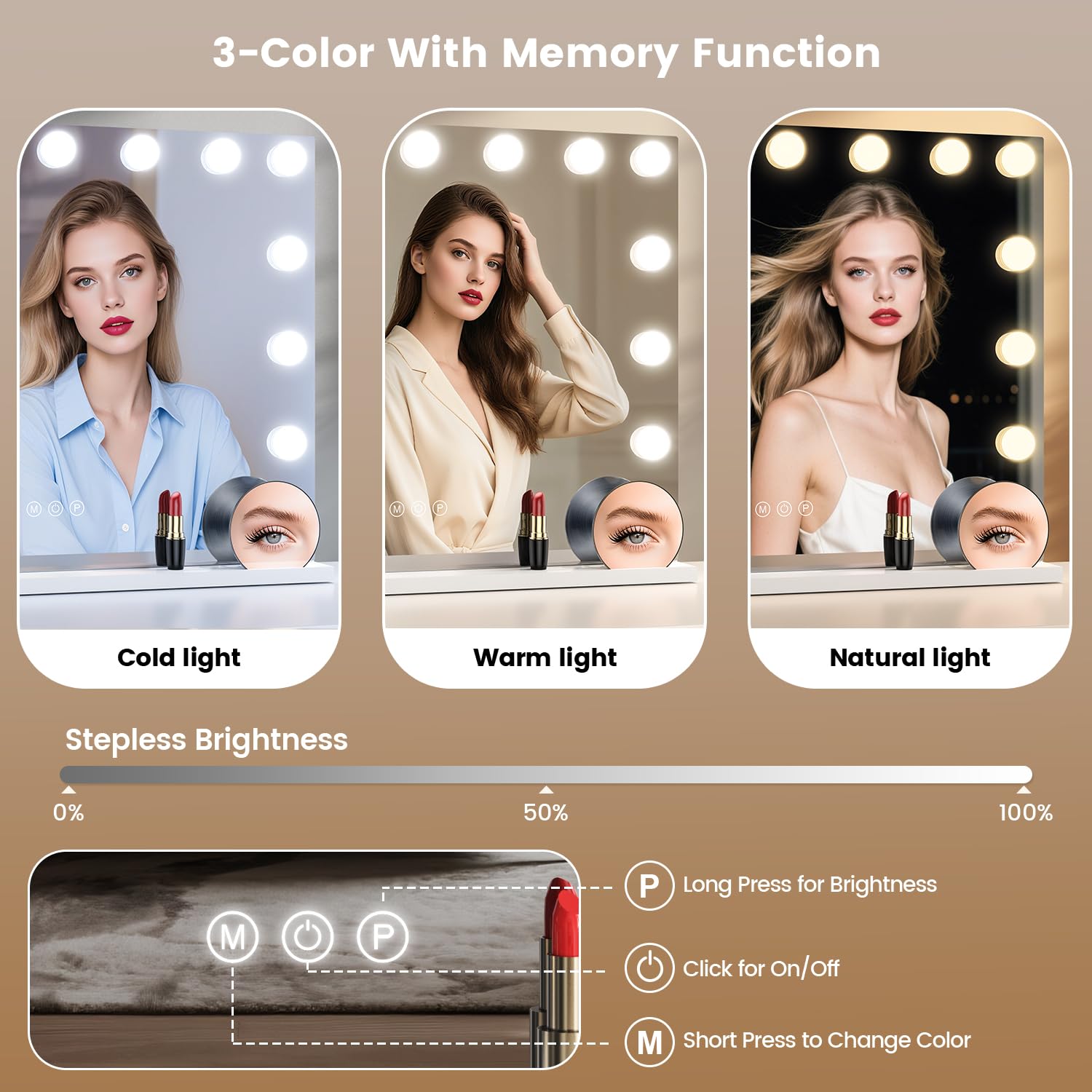 VESAUR 23 Large Vanity Mirror with Lights, Hollywood Lighted Makeup Mirror with 10X/15X Magnification, 15 Dimmable LED Bulbs 3 C