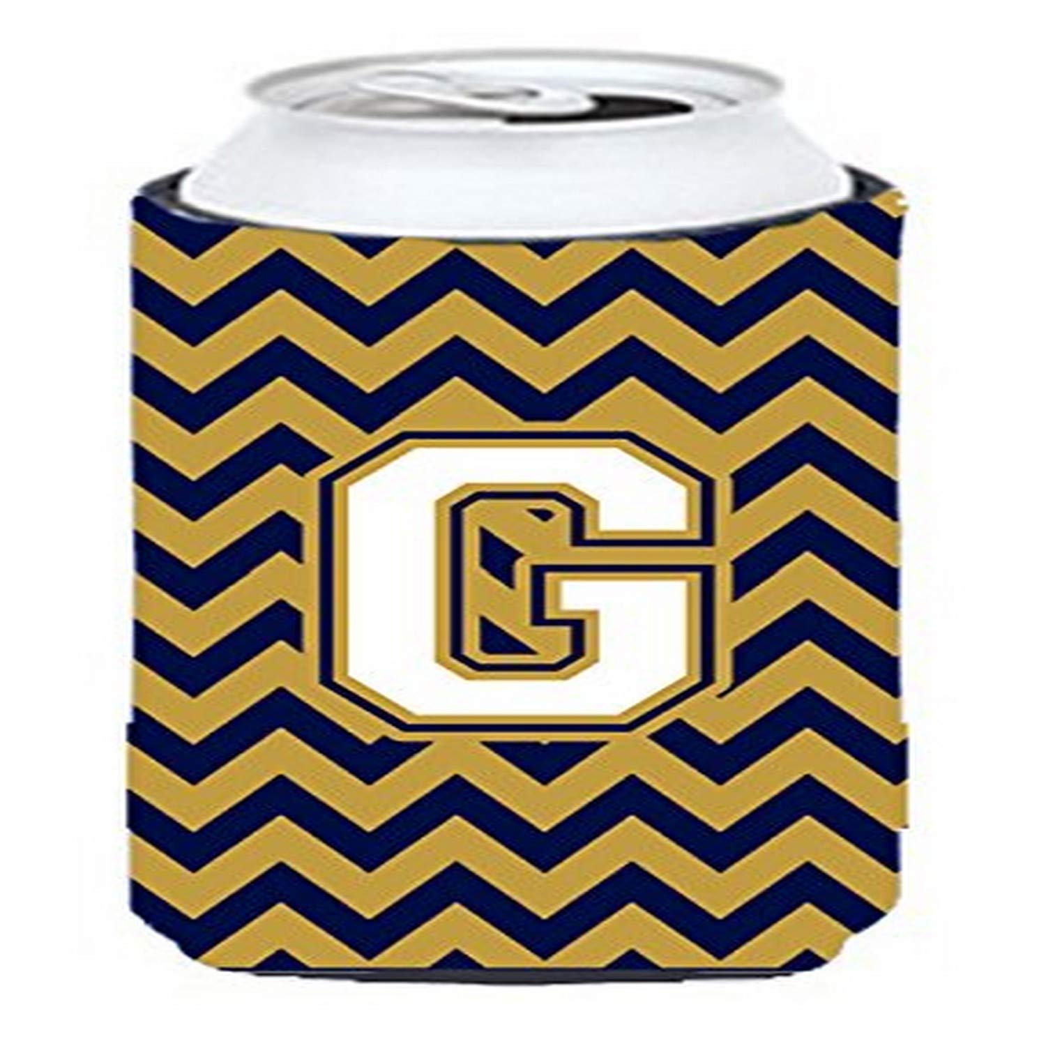 Letter G Chevron Navy Blue and Gold Tall Boy Beverage Insulator Hugger CJ1057-GTBC