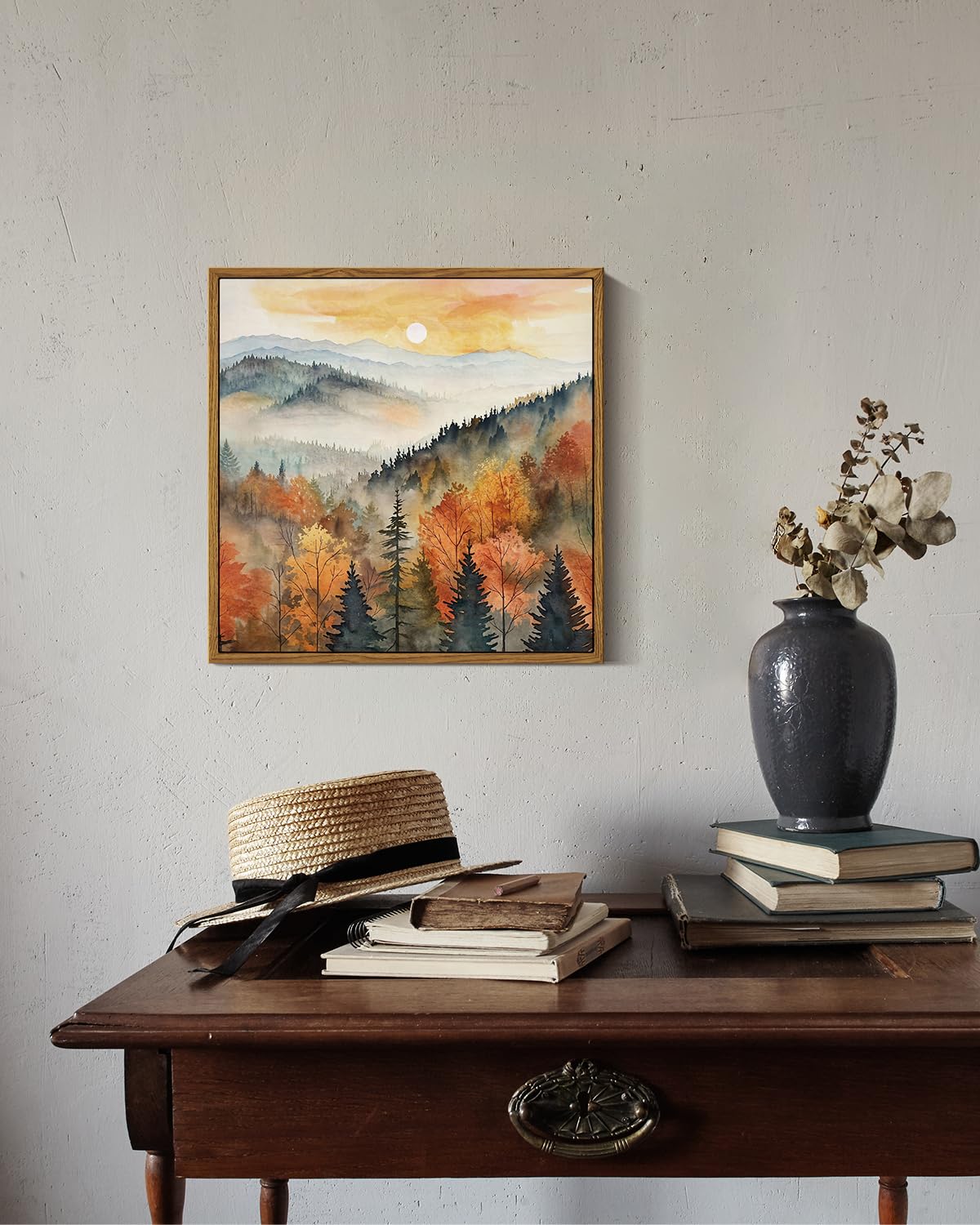 Insimsea Square Framed Canvas Wall Art, Nature Scenery Decor Farmhouse Quiet Forest Awakening Wall Art Prints, Autumn Fall Class