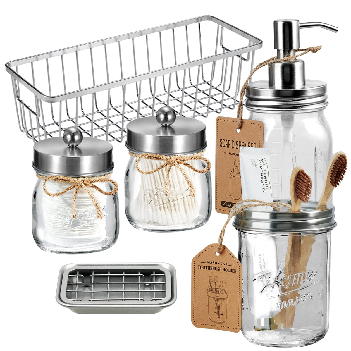 Mason Jar Bathroom Accessories Set- 6Pcs - Lotion Soap Dispenser,Toothbrush Holder,2 Apothecary Jars(Qtip Holder), Soap Dish,Sto
