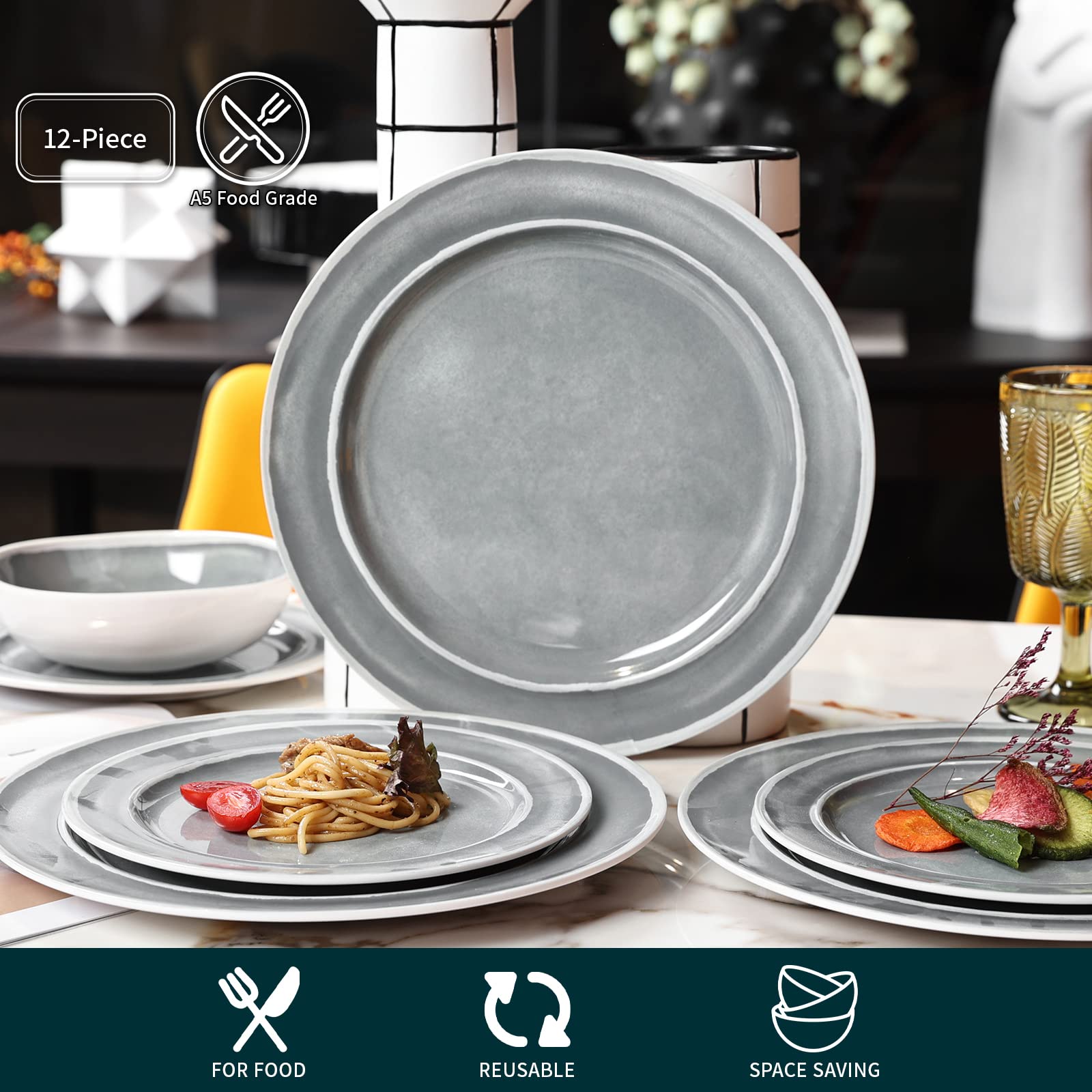 Melamine Dinnerware Set - 12pcs Dishes Dinnerware Set for 4, Indoor and Outdoor use, Dishwasher Safe, Break-resistant, Lightweig