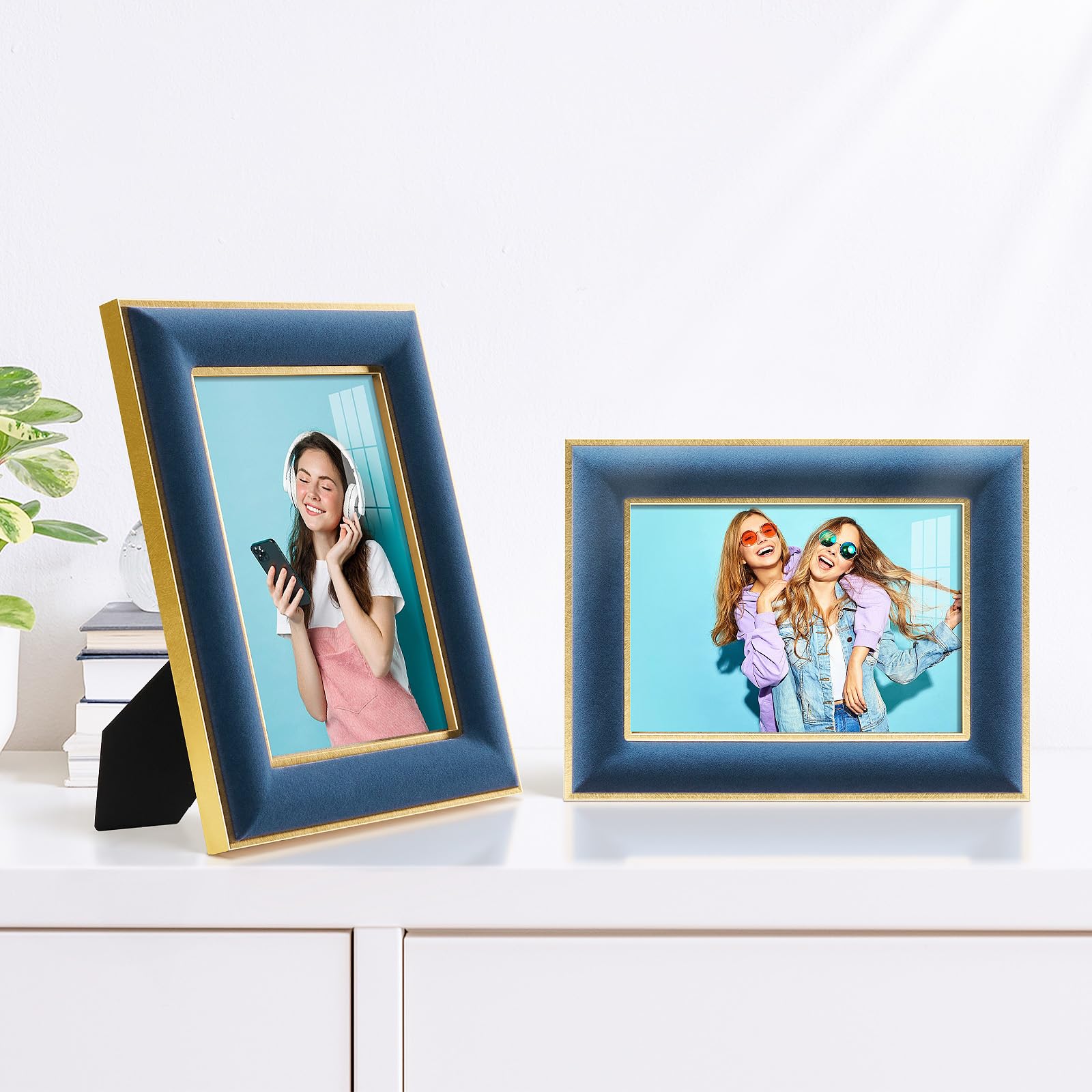 KSROECUD 5x7 Velvet Picture Frame, Navy Blue Photo Frames with Modern Simple Metallic Gold Border, HD Real Glass Horizontal & Ve