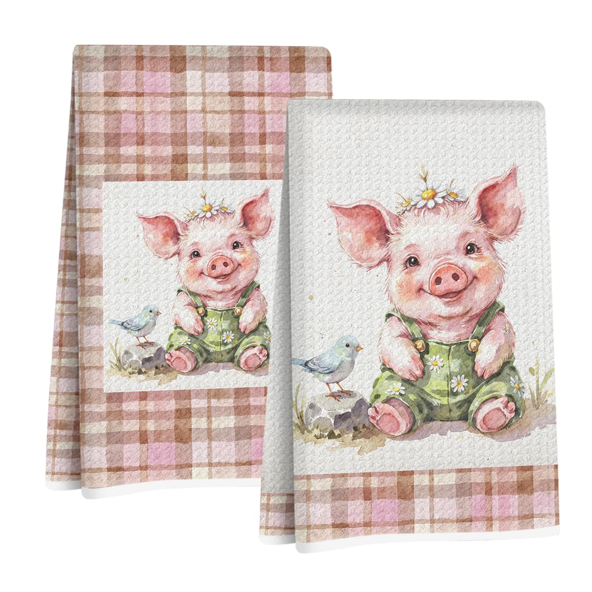 Jztco 2 Pcs Cute Pig Kitchen Towels, Plaid Pink Soft Absorbent Hand Tea Towel, Microfiber Dish Cloths for Drying Dishes, Waffle 