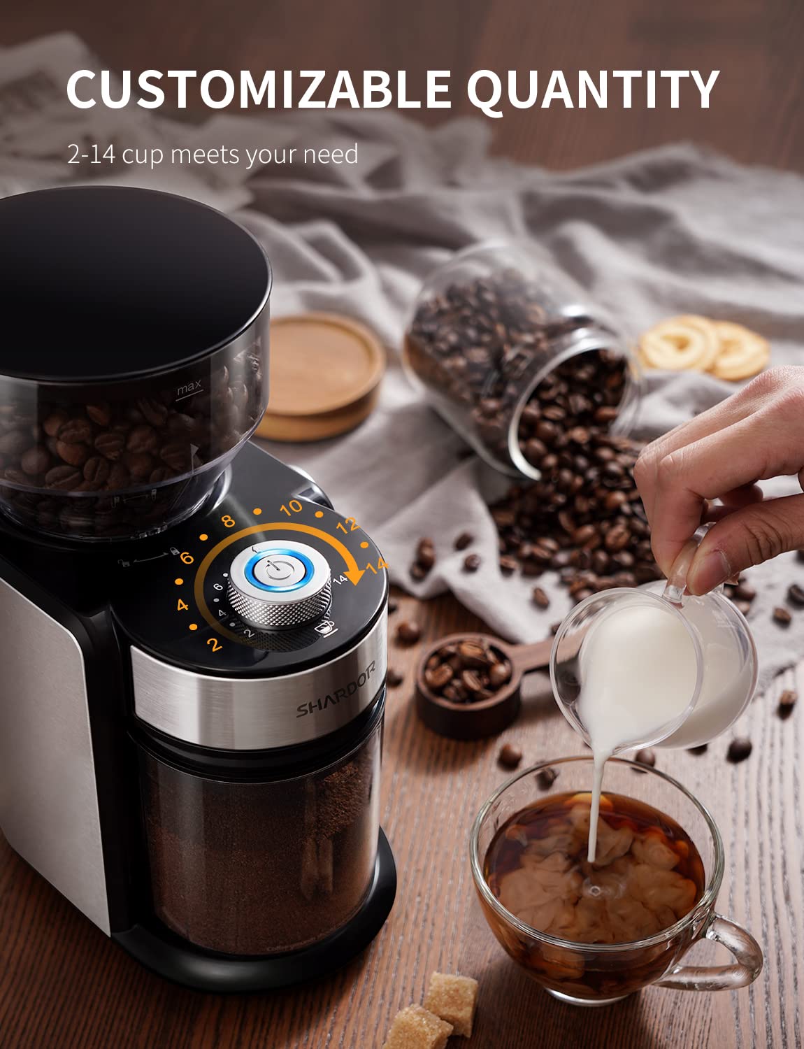 SHARDOR Electric Burr Coffee Grinder, 16 Grind Settings, 11.14x8.58x6.46 inches, Silver, Model CG835S