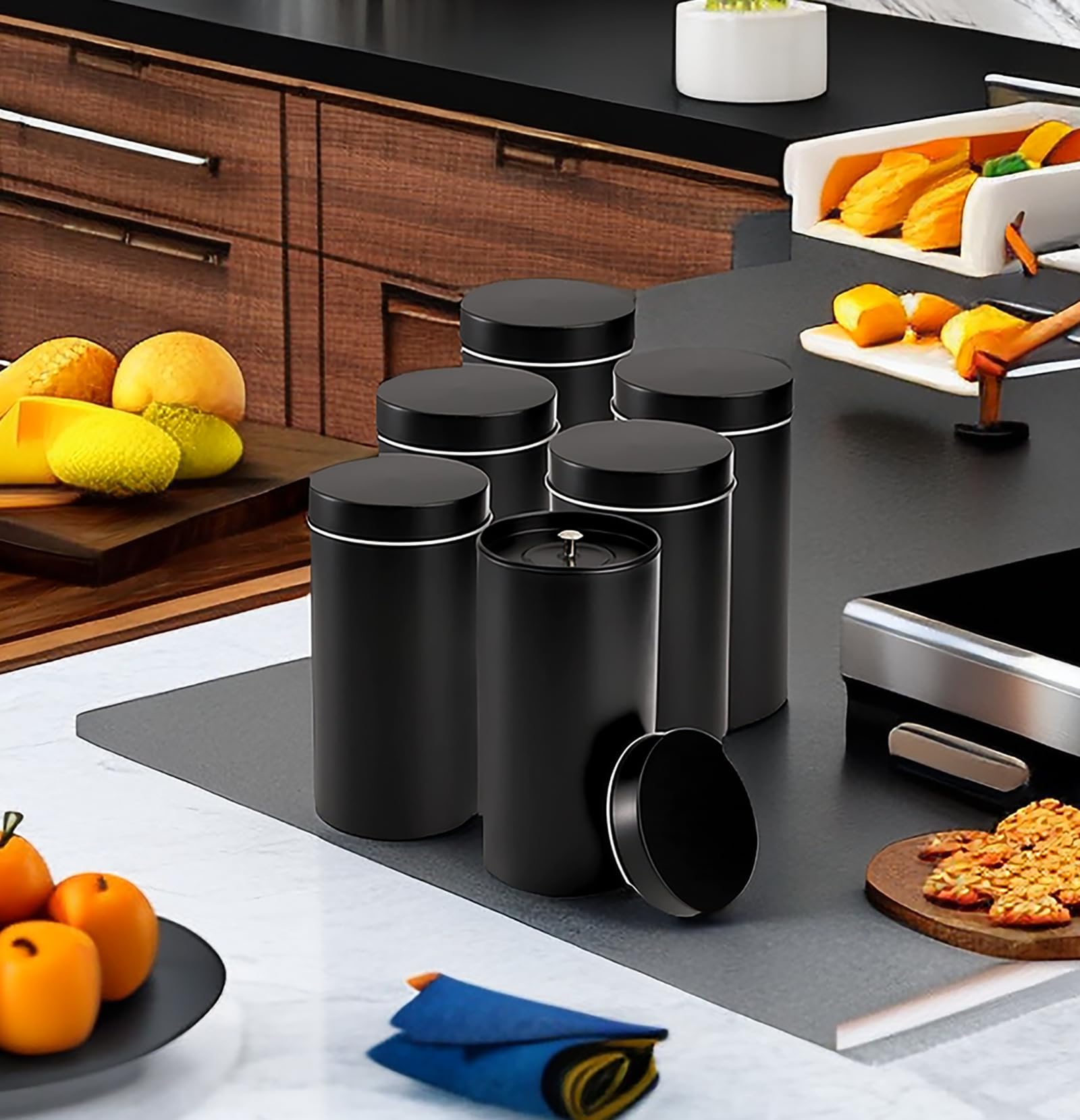 Yesland 6 Pack Tea Tin Canister With Airtight Double Lids, 32 Fl Oz Tin Can Box And Large Round Kitchen Canisters For Loose Tea,