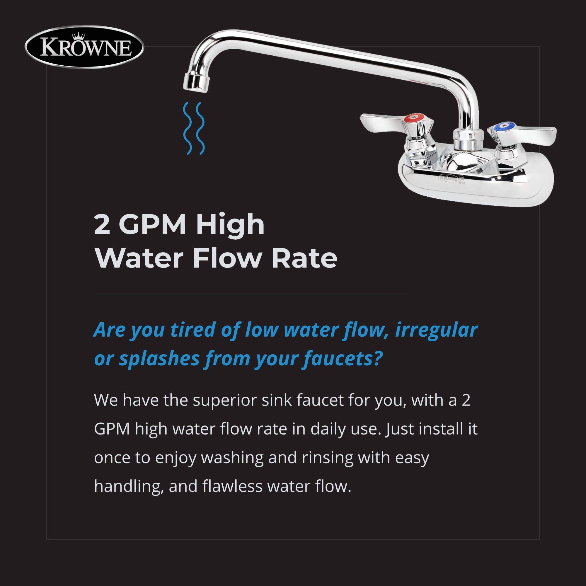 Krowne Wall Mount Kitchen Faucet - Utility Sink 4    Center Mount, 10'' Swing Spout,     Npt Male Inlet, 2 Gpm Flow Rate, Cerami