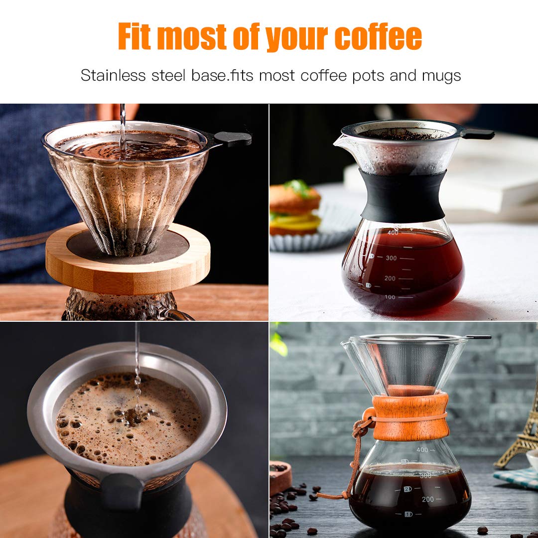 Meichu Pour Over Coffee Filter 2Pcs, Stainless Steel Coffee Filter, Paperless Reusable Cone Coffee Dripper