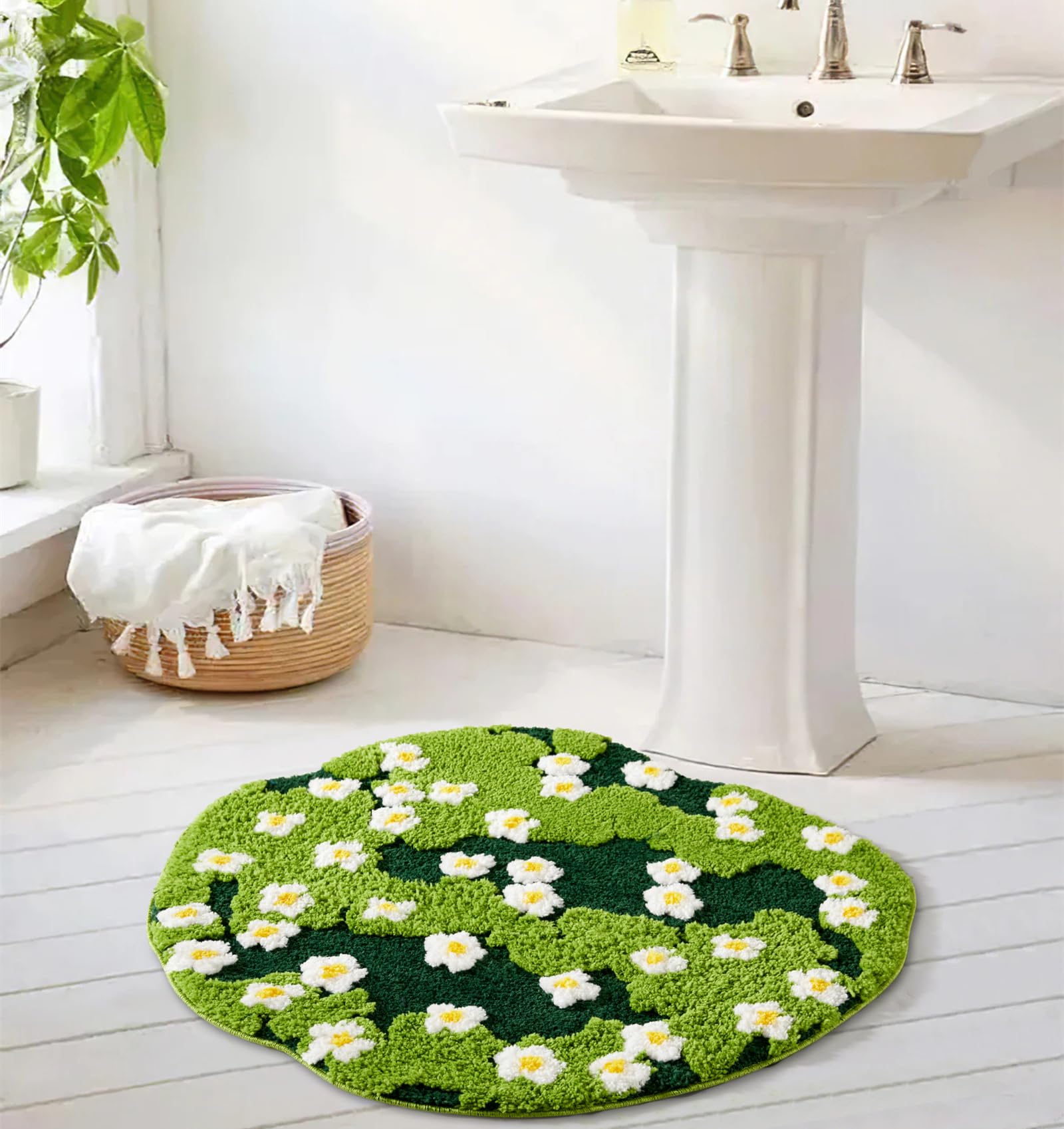 Ouyattle Cute Green Floral Large Bathroom Rugs Bath Mat 3Ft Non Slip Washable, Modern Chic Boho Aesthetic Trendy Funky Microfibe