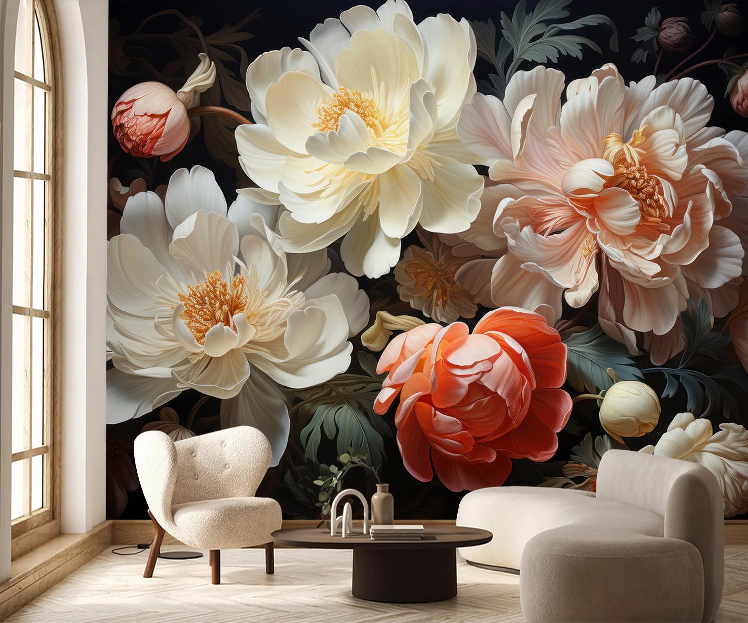 PYFFYP- 3D Floral Peel and Stick Wallpaper with Dark Peony self-Adhesive Mural for Bedroom