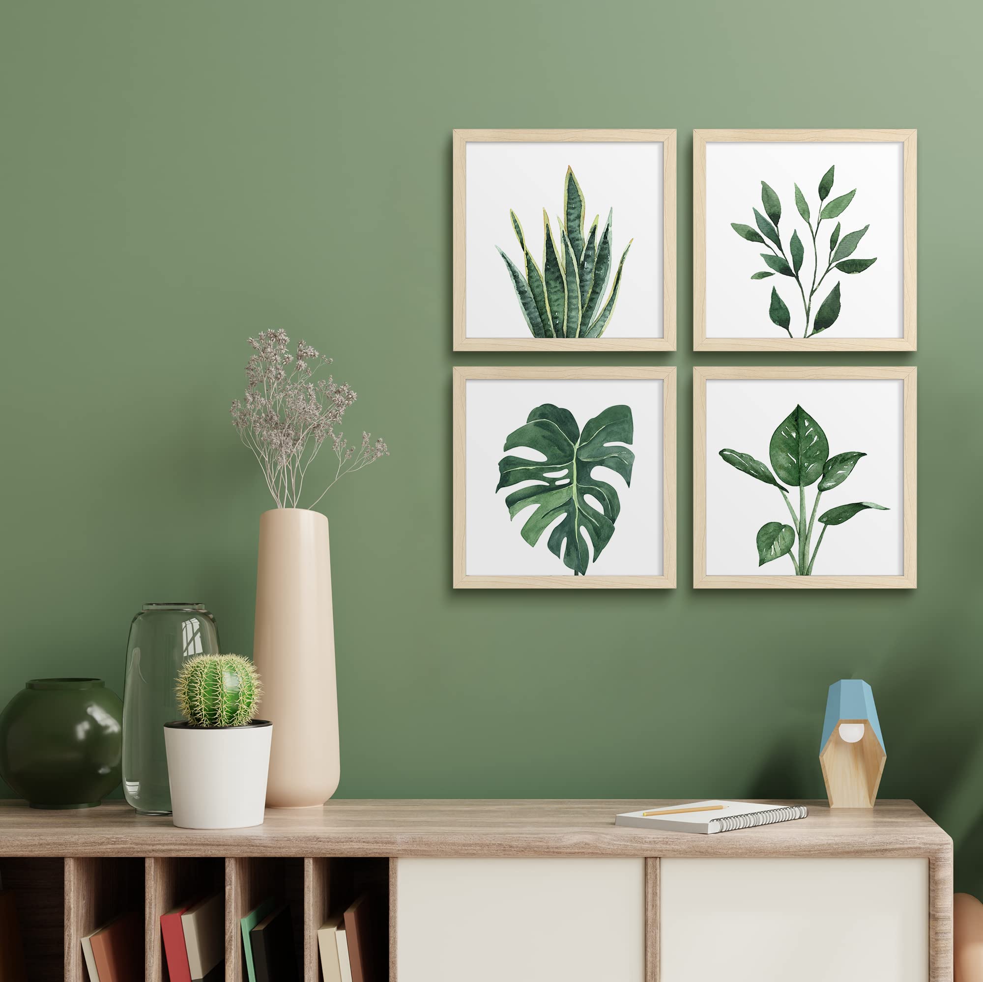 ArtbyHannah 10x10 Framed Bathroom Art Wall Collage Kit for Gallery Wall with Botanical Green Leaf Plant Prints and Natural Frames  Set of 4