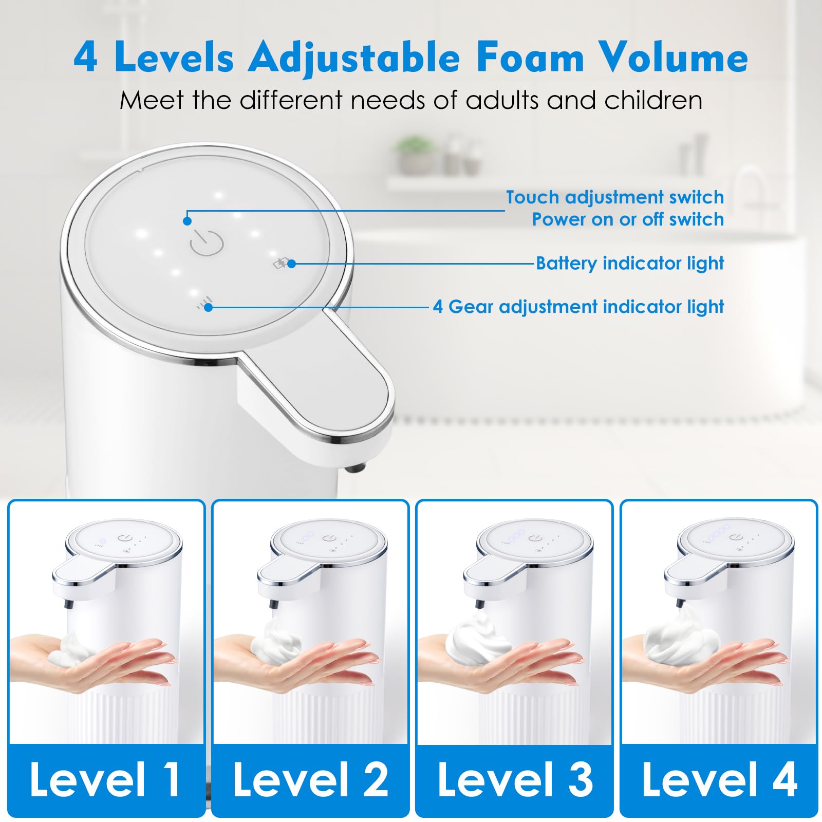 Xinkora Automatic Foaming Soap Dispenser, 4-Level Adjustable Foam Hand Soap Dispenser, Usb Rechargeable Touchless Soap Dispenser