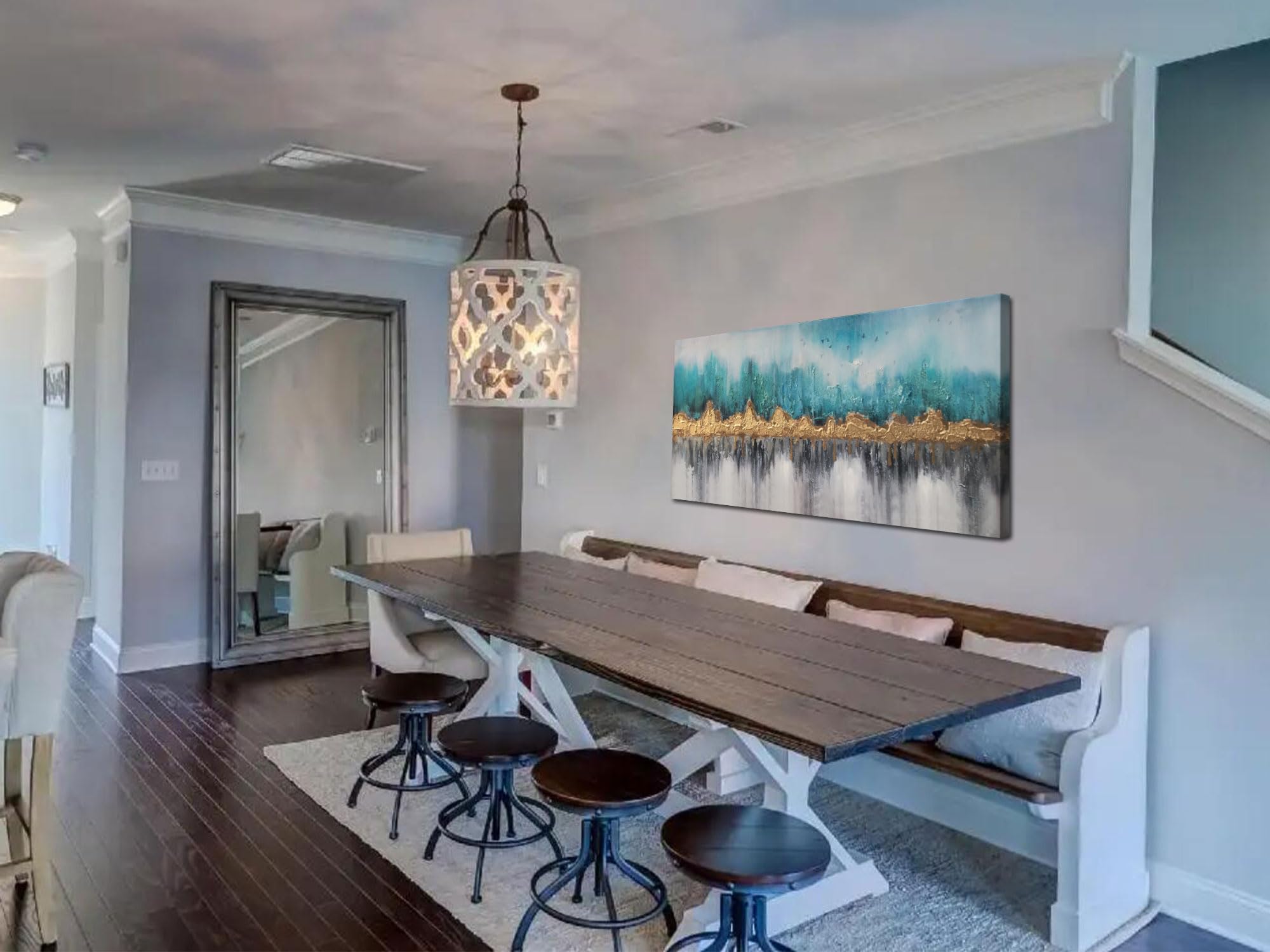 Ardemy Teal Mountain Abstract Canvas Wall Art Nature Gold Scenery Painting Modern Blue Landscape Turquoise Panoramic Picture Lar