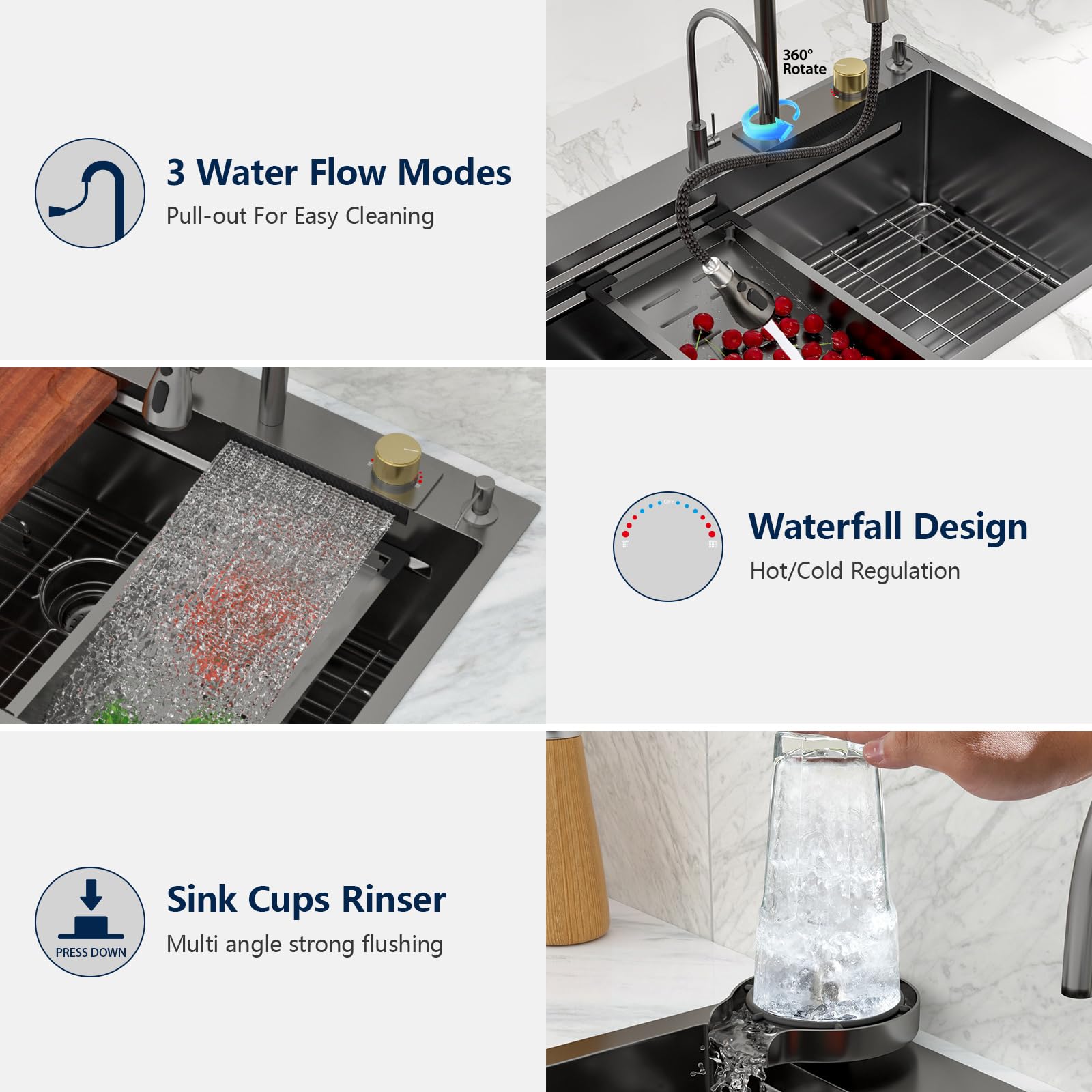 Logmey 33 Drop In Kitchen Sink Waterfall Black Nano Coating 33X22 Inch 16 Gauge Stainless Steel Kitchen Sinks Single Bowl Workst