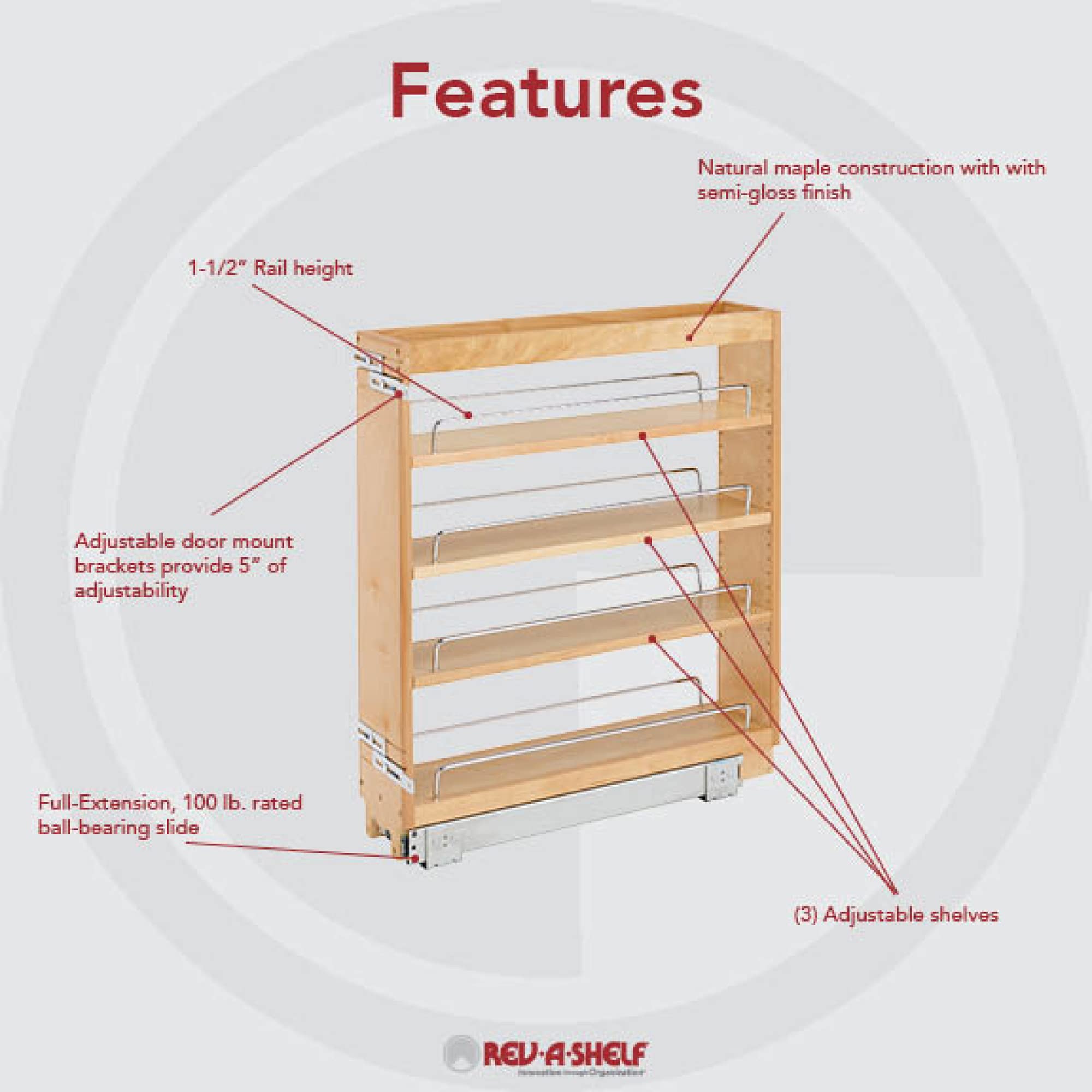 Rev-A-Shelf 5'' Pull Out Kitchen Cabinet Storage Organizer Slide Out Pantry Spice Rack With Adjustable Shelves For 5.5'' W Cabin