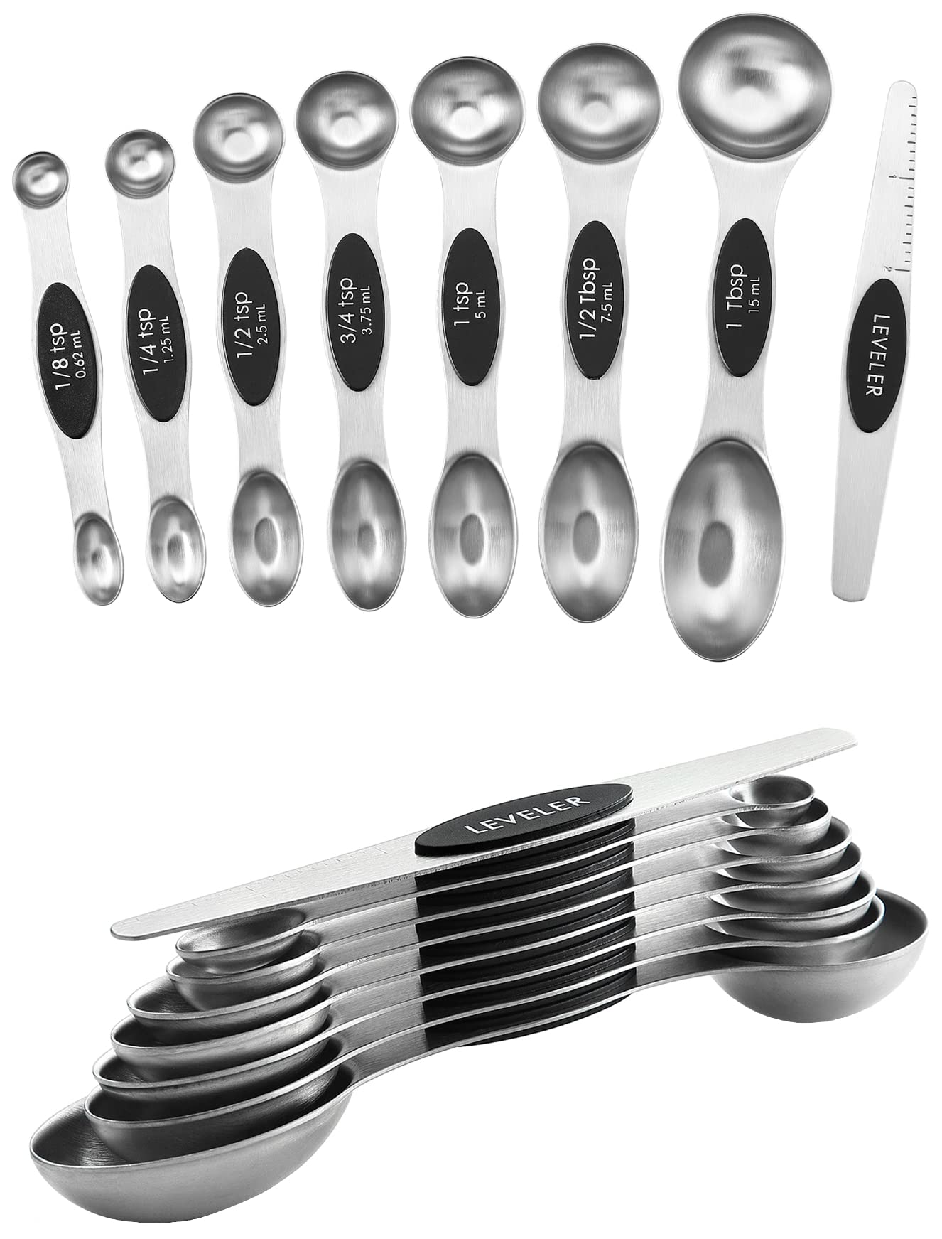 Spring Chef Magnetic Measuring Spoons Set, Dual Sided, Stainless Steel, Fits In Spice Jars, Black, Set Of 8, 2 Pack