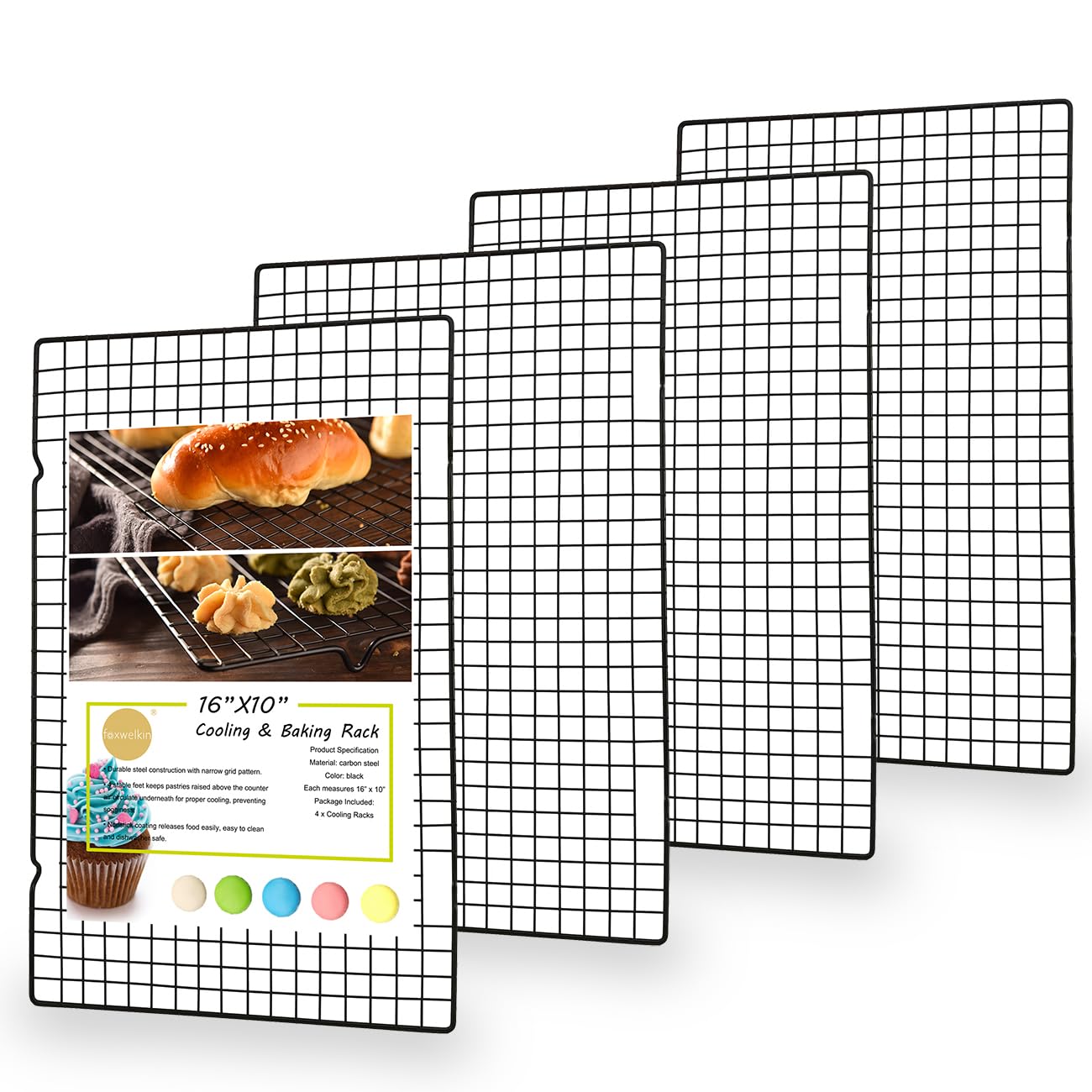 foxwelkin Baking Rack Cooling Rack,Size 16x 10 - Cool Cookies Cakes Breads - Heavy Duty Commercial Quality Wire Rack (4 pack)