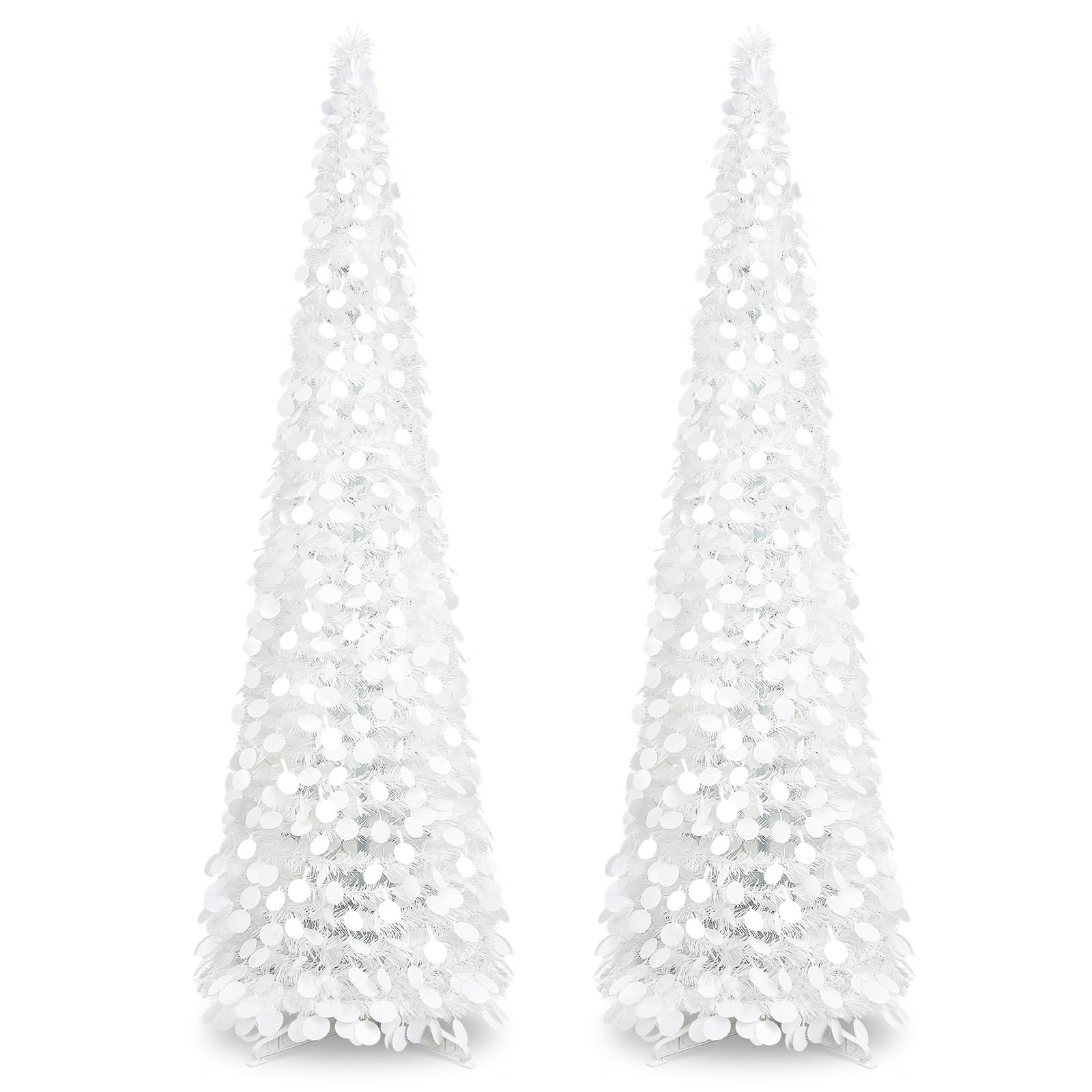 Leyndo 2 Pcs 5 ft Collapsible Artificial Christmas Tree Pop up White Sequined Tinsel Pencil Skinny Xmas Tree for Home Fireplace 