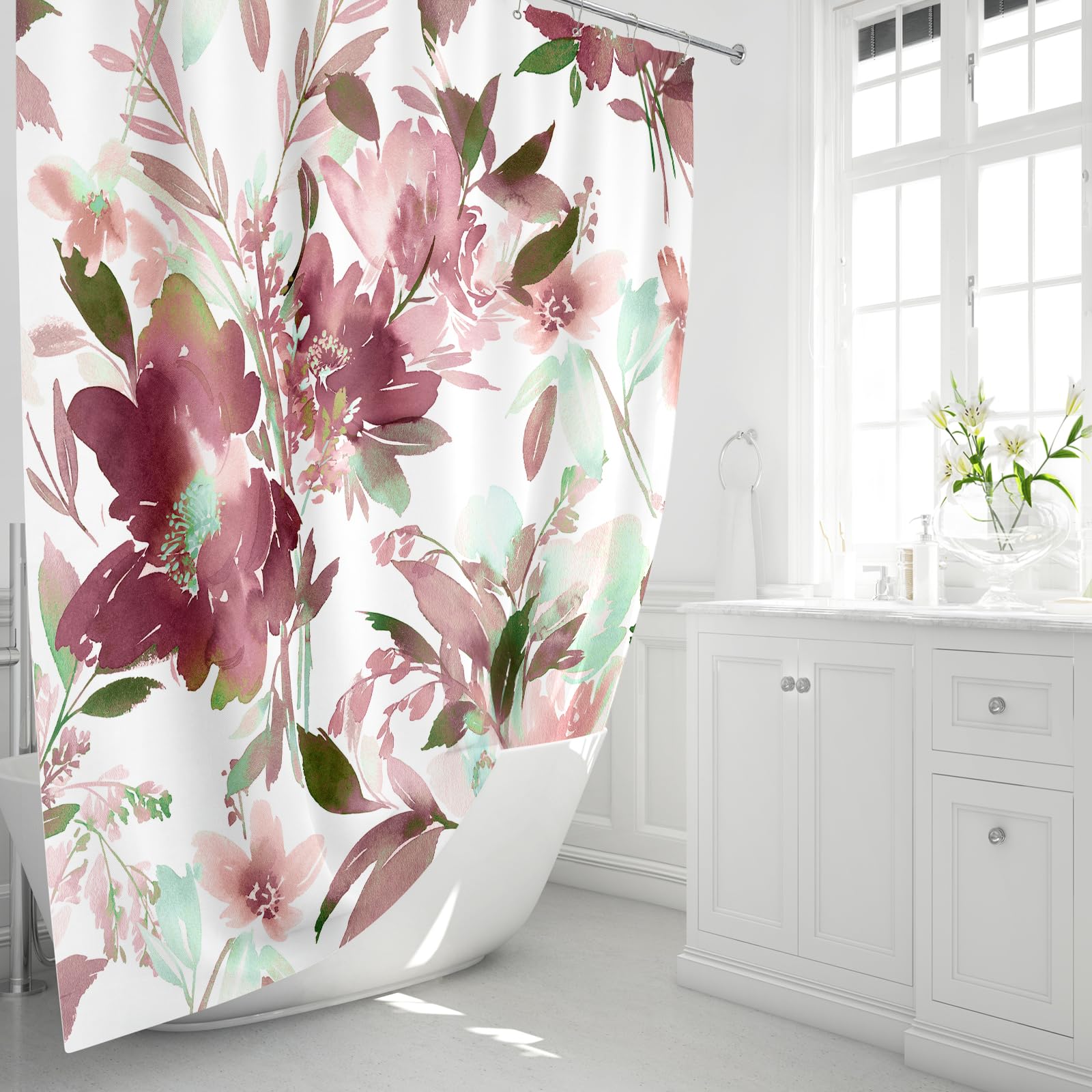 Mayzus Plum Floral Shower Curtain, Watercolor Flower Shower Curtain For Bathroom, Modern Abstract Ink Decorative Fabric Shower C