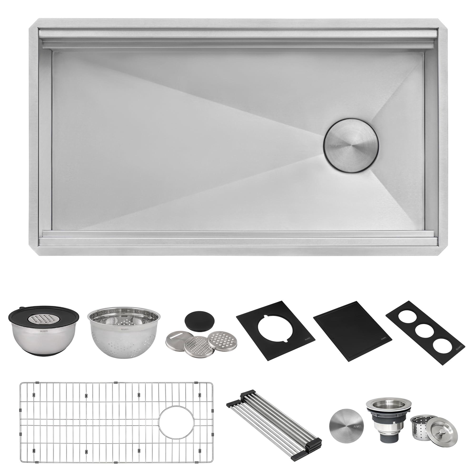 Ruvati 33-Inch Workstation Two-Tiered Ledge Kitchen Sink Undermount 16 Gauge Stainless Steel With Black Composite Accessories -