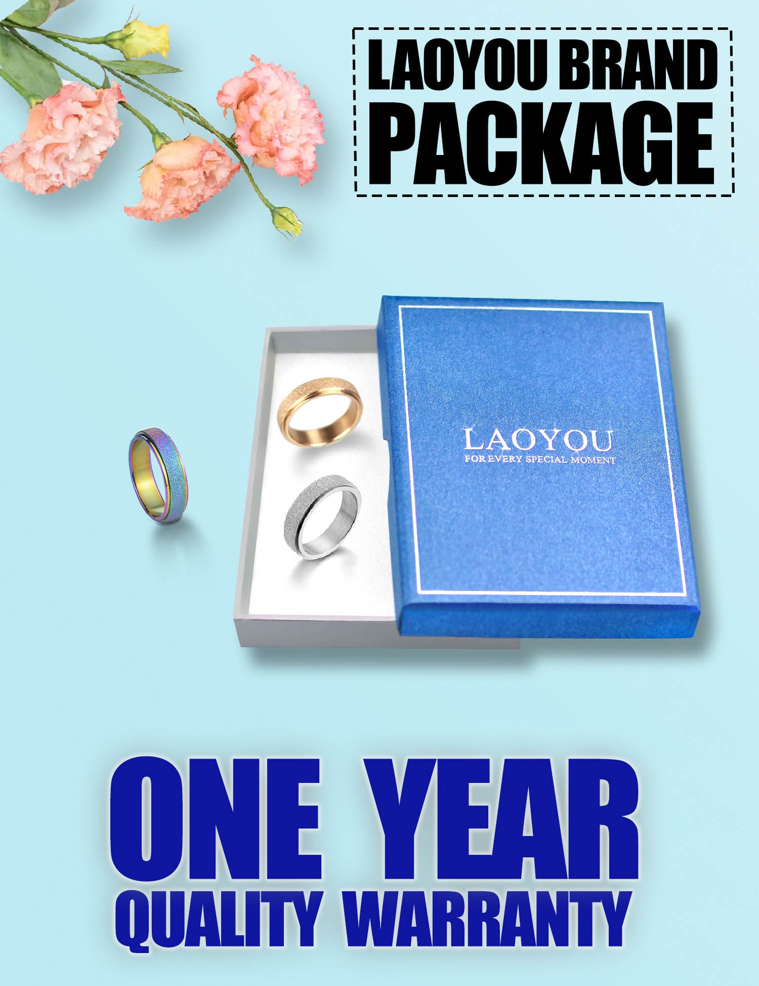 Laoyou Spinner Ring For Women Anxiety Relief - 6Mm Stainless Steel Glitter Rose Gold Silver Rainbow 3Pcs Fidget Rings Band Pack