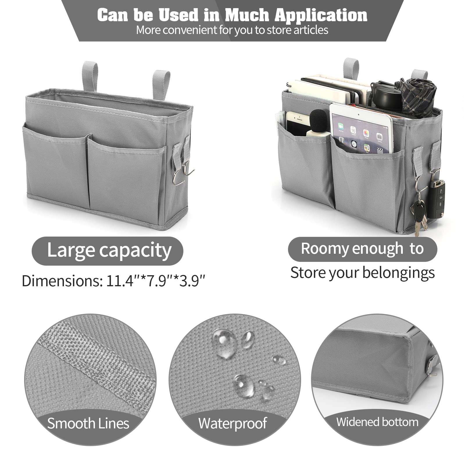 Bunk Bed Organizer, Bedside Caddy Hanging Bed Organizer Storage Bag with 4 Pockets and 2 Hooks, for College Dorm Rooms Bed, Hosp